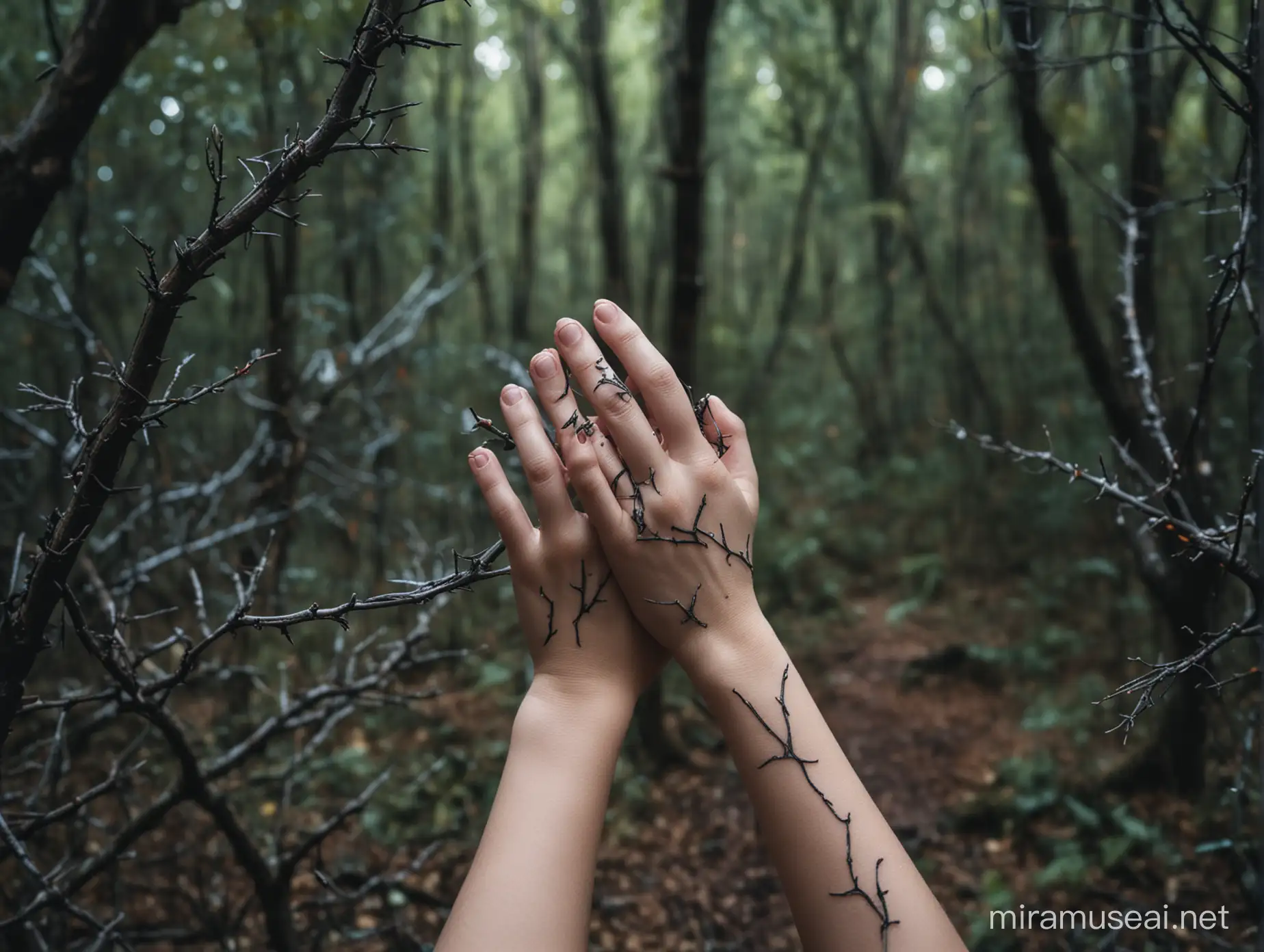gros plan de deux mains de petite fille qui a des épines dans la peau. Ell est dans une forêt magique sombre.