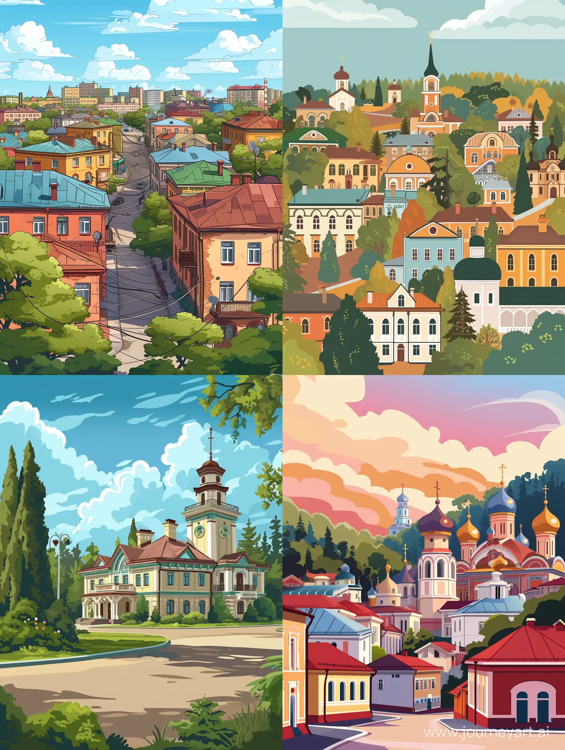 Cartoon-Cityscape-of-Georgievsk-Russia-with-Logo-Theme