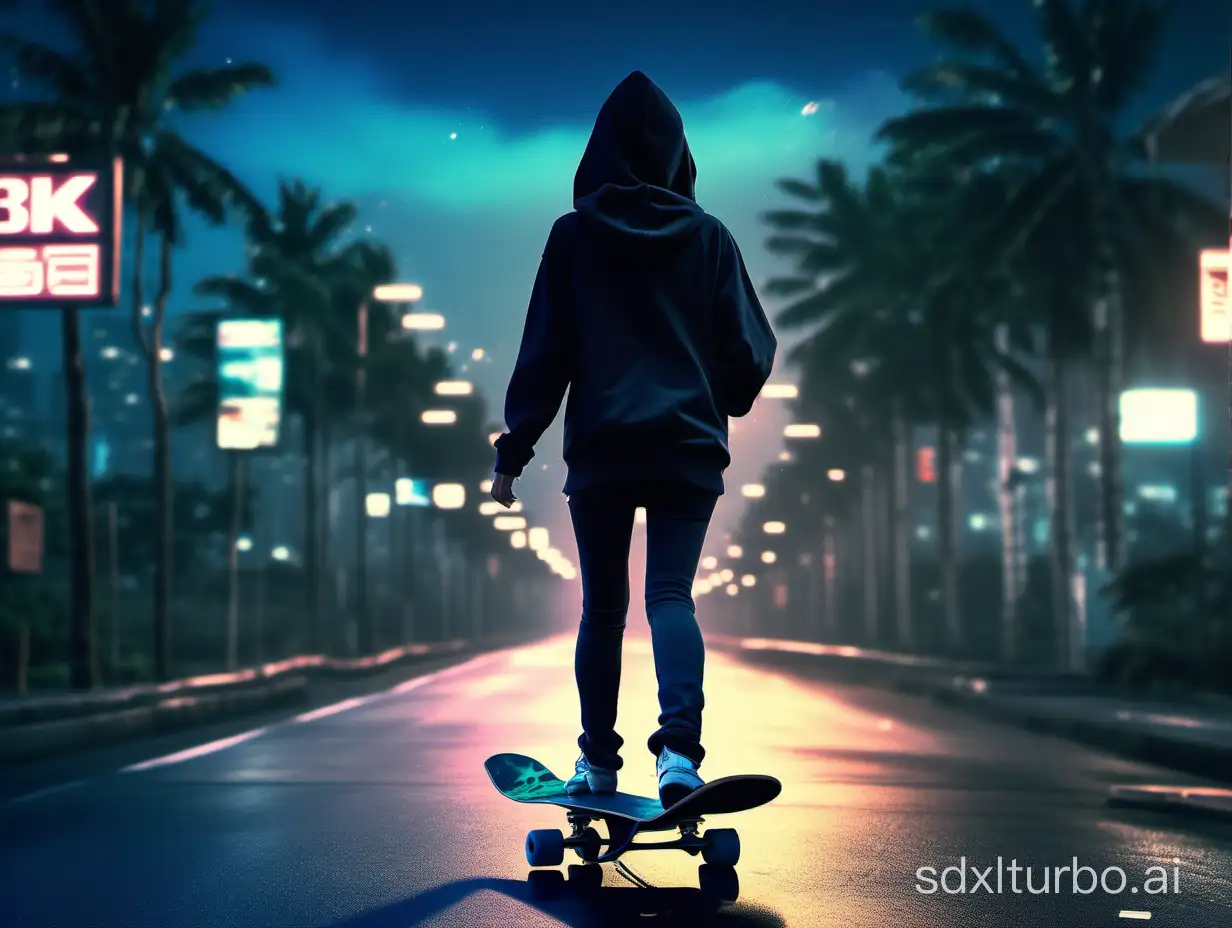 An Indonesian woman riding a skateboard down a street at night, realist style mixed with Fujifilm, Indonesian style 4K, inspired by Liam Wong, cinematic. by Leng Jun, cyberpunk realist girl in hoodie, by Liam Wong, Makoto Shinkai Cyril Rolando, Ross Tran 8K, realist style. 8K, realist. soft lighting, black-haired girl wearing hoodie