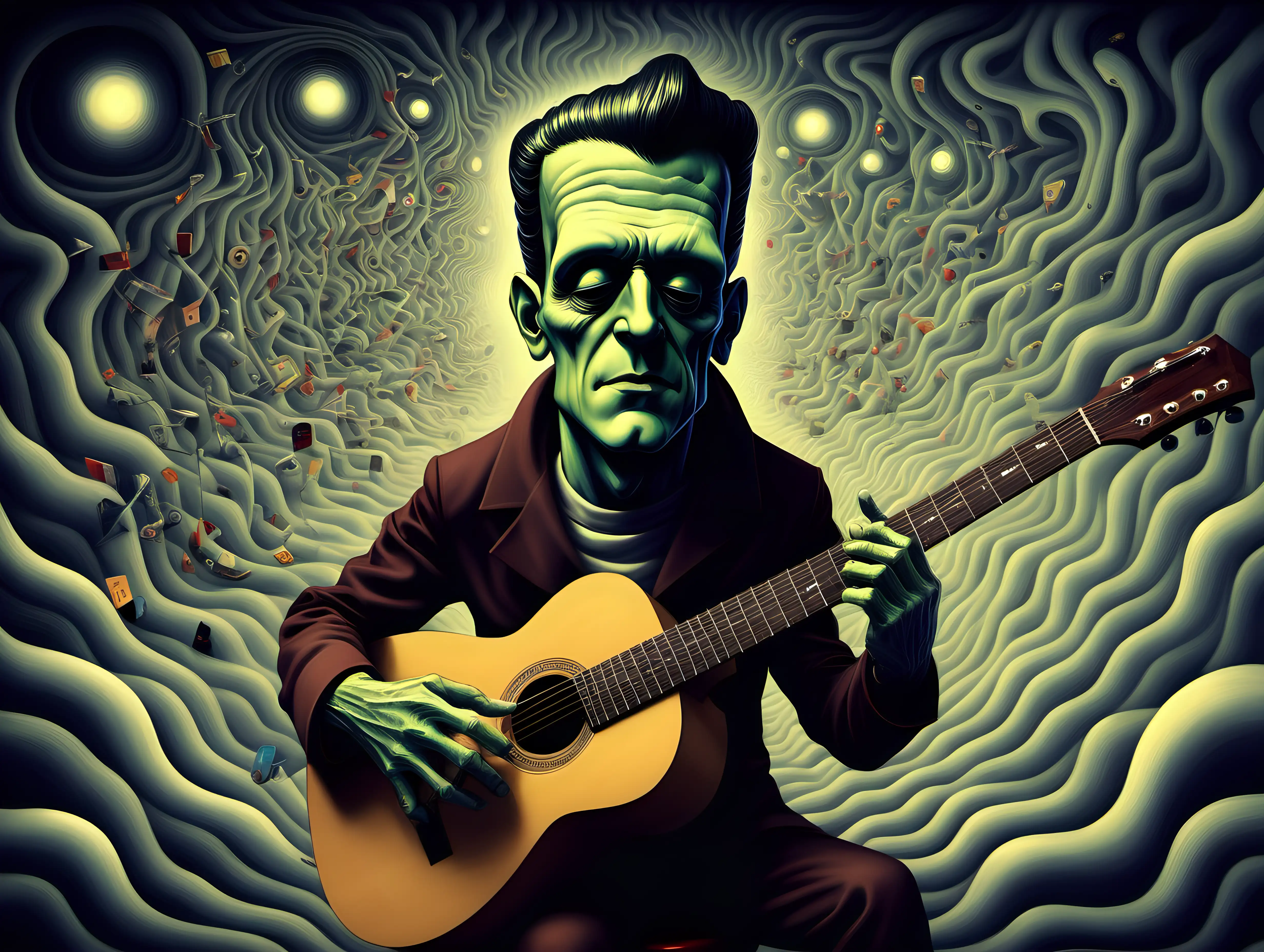 my mind on lsd while playingguitar in style of surrealism and abstract by Frankenstein