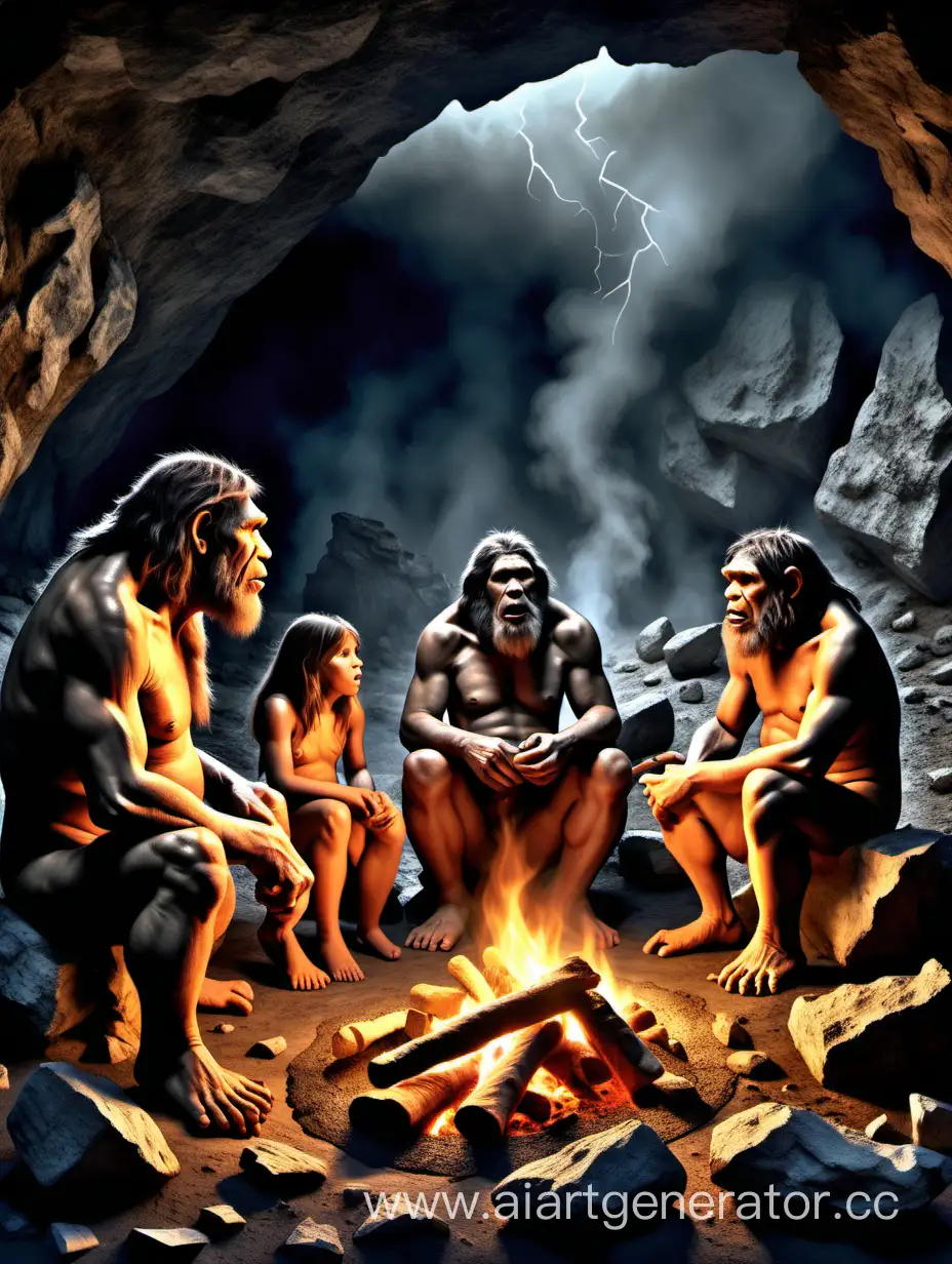 breathtaking illustration of Neanderthal family sitting around a fire telling storys.. it is a dark and stormy night. in the back ground  you can see cave drawings, (illustration:1.3), masterpiece, breathtaking illustration. 8k, HDR, realism,
