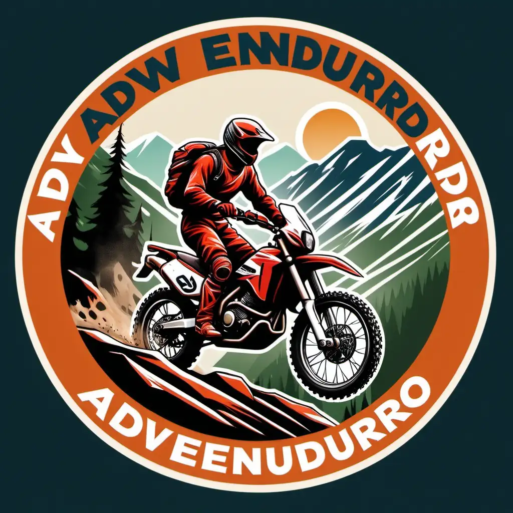 A round logo with the word ADVENDURO in it, that shows a rally motorbike and a rider climbing a mountain. Natural colors in the bakground