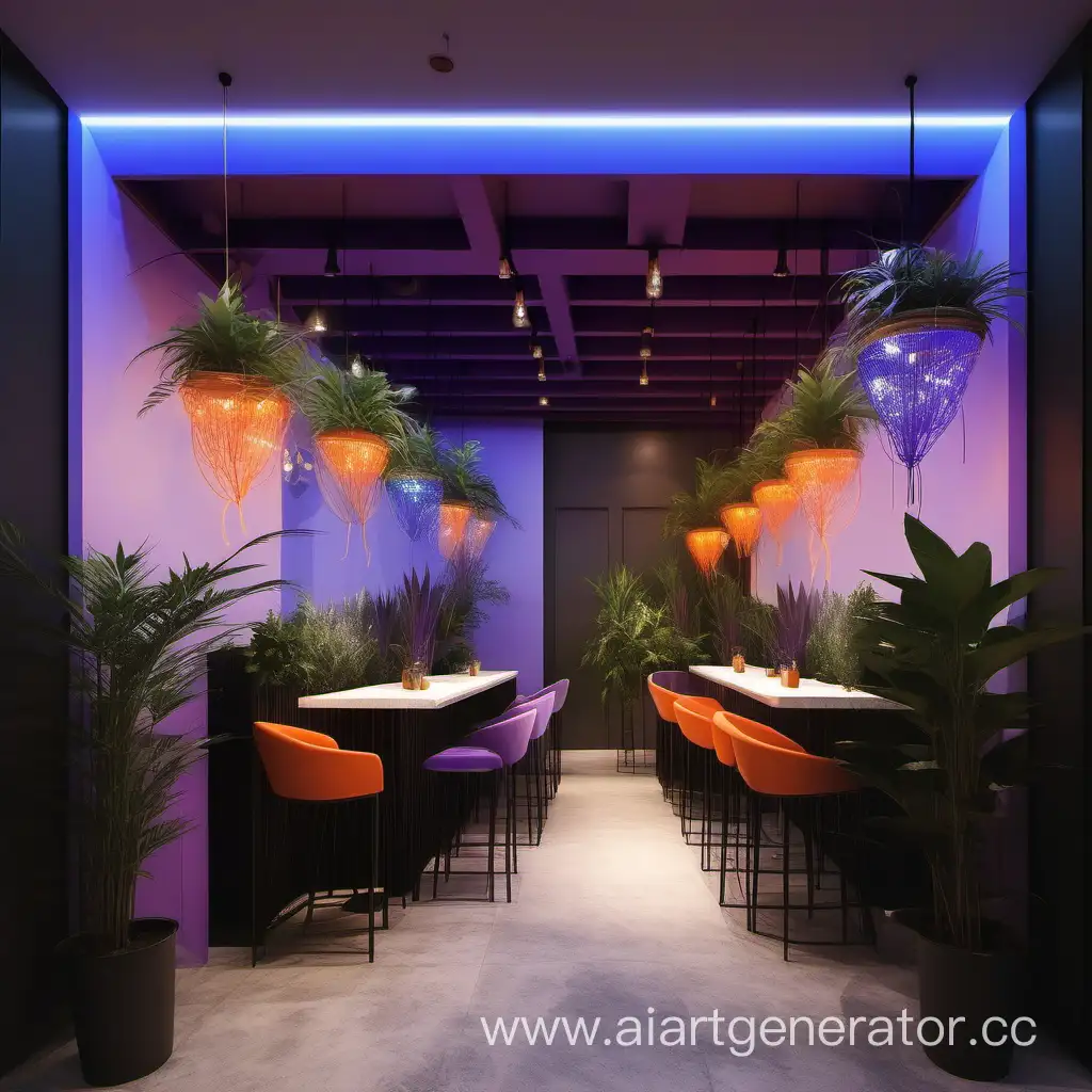 cafetería 8 metros  luces azules moradas y naranjas
 plantas concepto minimalista moderno y acogedor