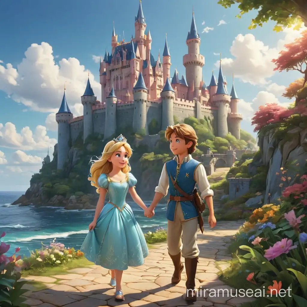волшебный мир с красивыми замками с принцессой и принцем, возле океана