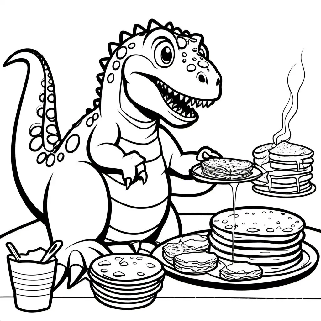 Dinosaur-Eating-Pancakes-Coloring-Page-Simple-Line-Art-for-Kids