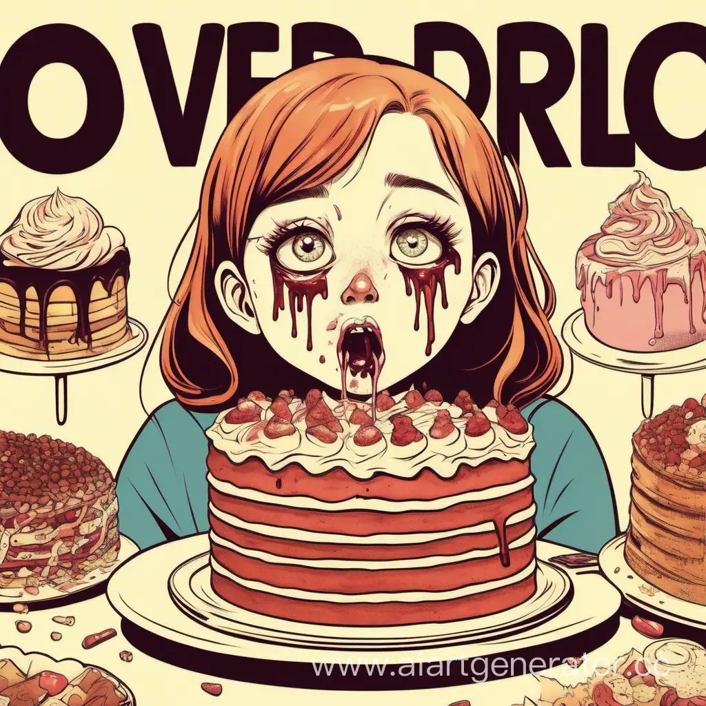 advertising poster on the topic “overeating as a form of self-destruction” the sample should be a thin girl at a ceremony for presenting the amount of food she has bitten, the girl is crying, covered in cake cream, grotesque/cartoon style. at the bottom there is the inscription “food that kills”.