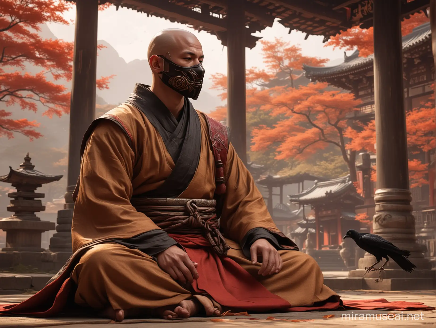 style: realistic concept art, video game artwork, extreme low angle shot, sitting in meditation holding a mask, in the style of a legends of the five rings character of the scorpion clan, a male monk, wearing tan and brown monks robes with red highlights, aged 25, with a traditional japanese monk temple in background, a raven near 