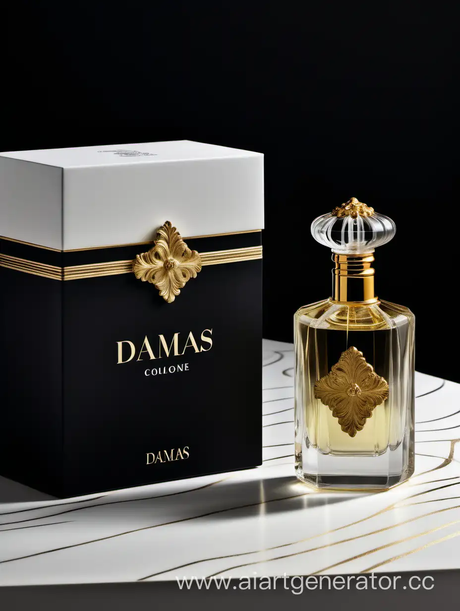 a bottle of Damas cologne sitting next to a dark white box, with golden lines, a Baroque dynamic luxurious composition, feminine Flemish Baroque