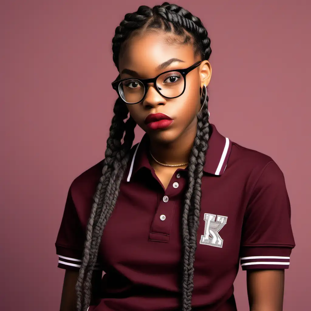 black highschool teenager with big lips, wearing glasses, long braids, all burgundy polo shirt, grey pants