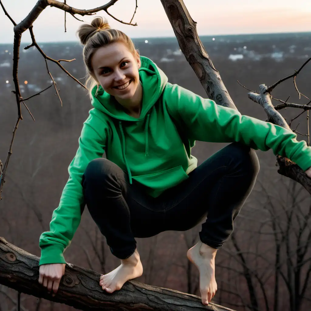 Young Woman Smiling Climbing Barefoot on Branch at Dusk