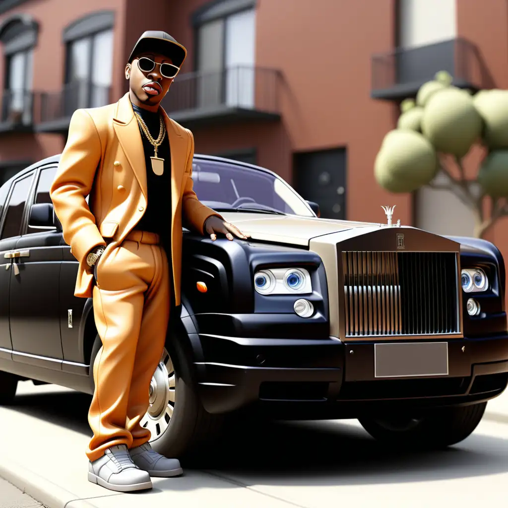 Generate a promo image for comedy tv show about a black rapper in his early thirties  with his Rolls Royce being towed. 