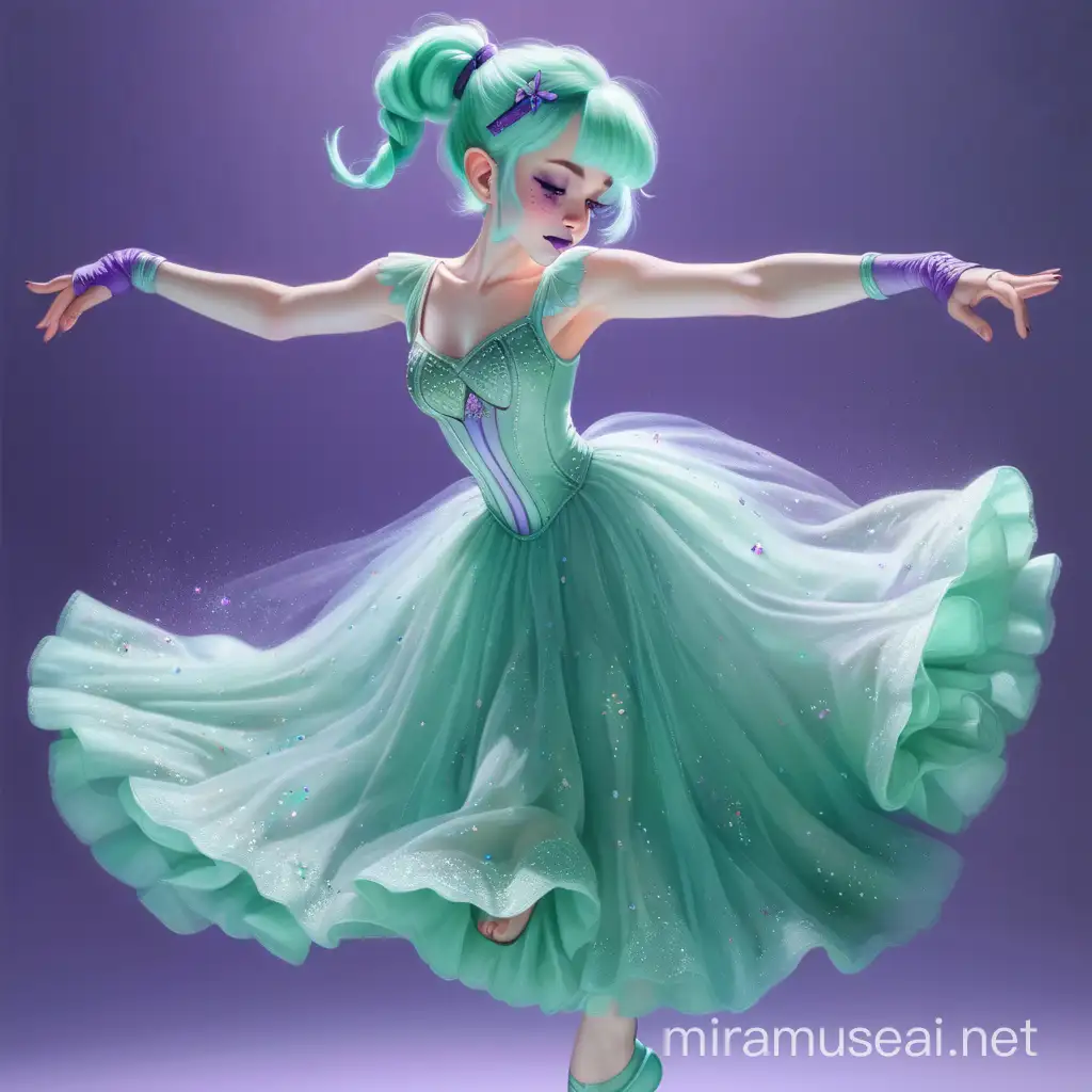 Arachnid woman with pale skin and seafoam green hair in a messy bun dancing ballet in a light blue peasent dress wearing lavender slippers. Fantasy. Cute. Feminine. Elf. Purple freckles. Green lipstick. Lavender gloves.