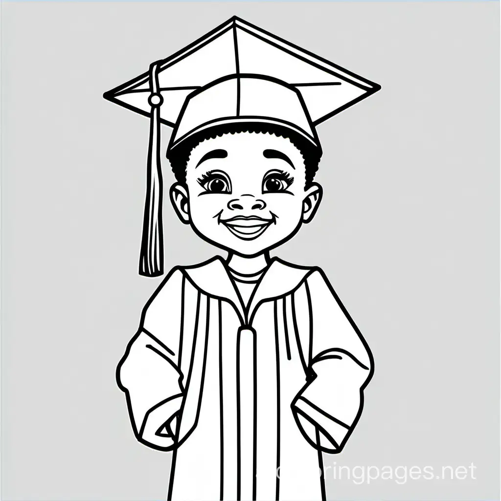 preschool aged African american child wearing a cap and gown for graduation, black and white, line art, white background, Coloring Page, black and white, line art, white background, Simplicity, Ample White Space. The background of the coloring page is plain white to make it easy for young children to color within the lines. The outlines of all the subjects are easy to distinguish, making it simple for kids to color without too much difficulty