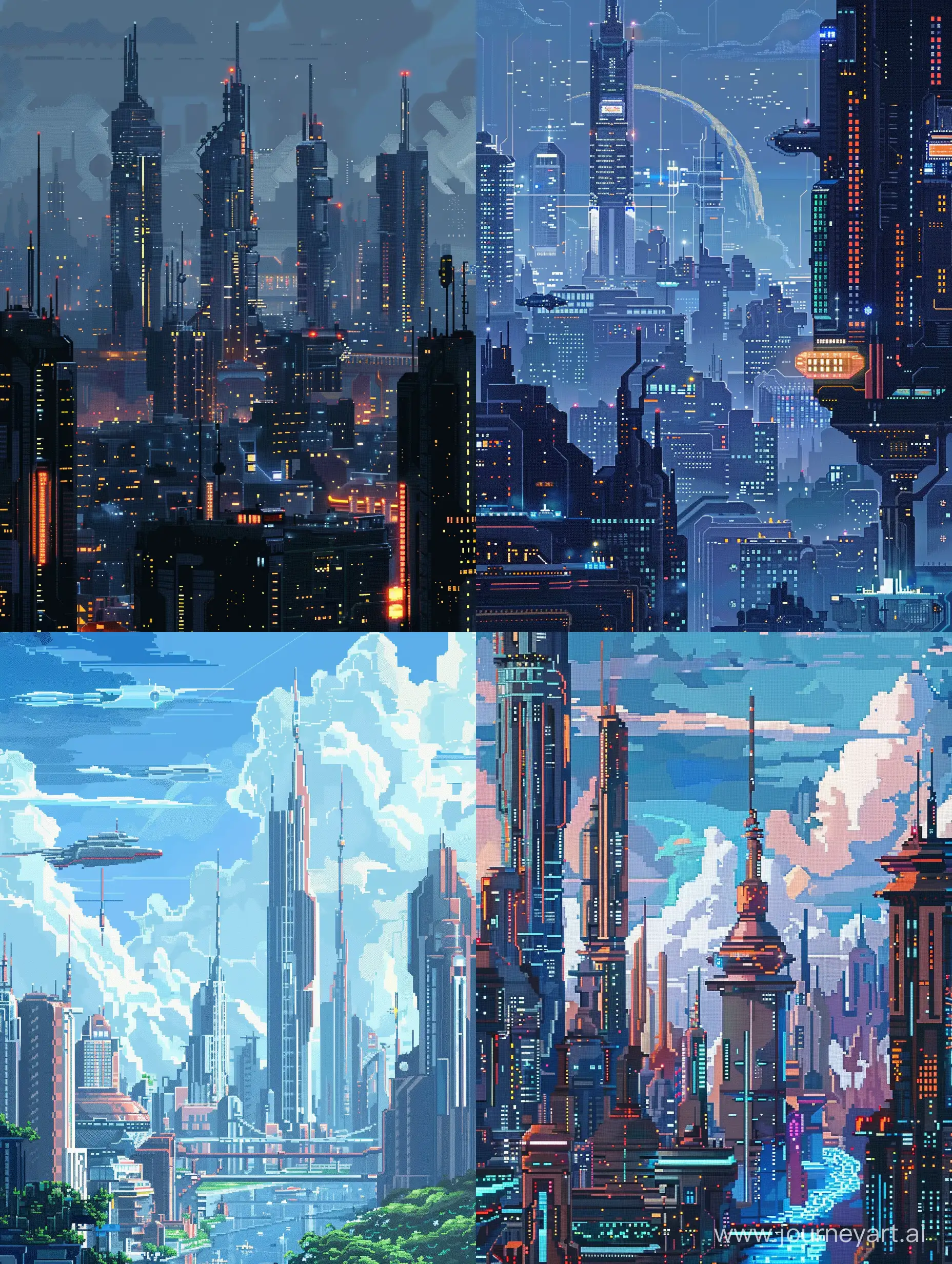 Futuristic cityscape in pixel art style --v 6 --ar 3:4 --no 67261