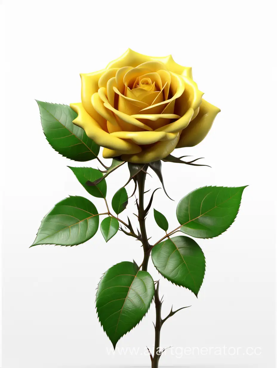 realistic dark yellow Rose 8k hd with fresh lush 2 green leaves on white background