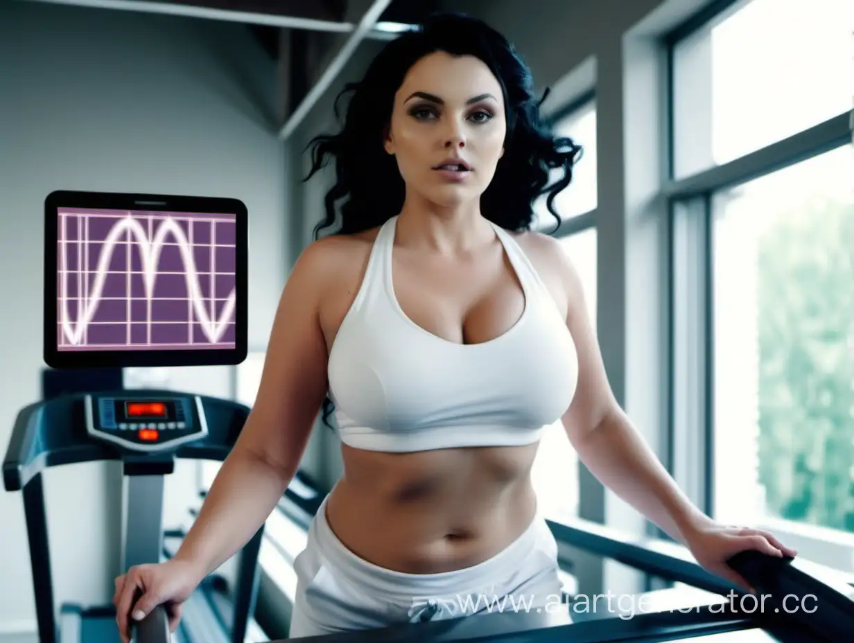modelo blanca de pelo negro voluptuosa en una caminadora conectada a un electrocardiograma en un video medico