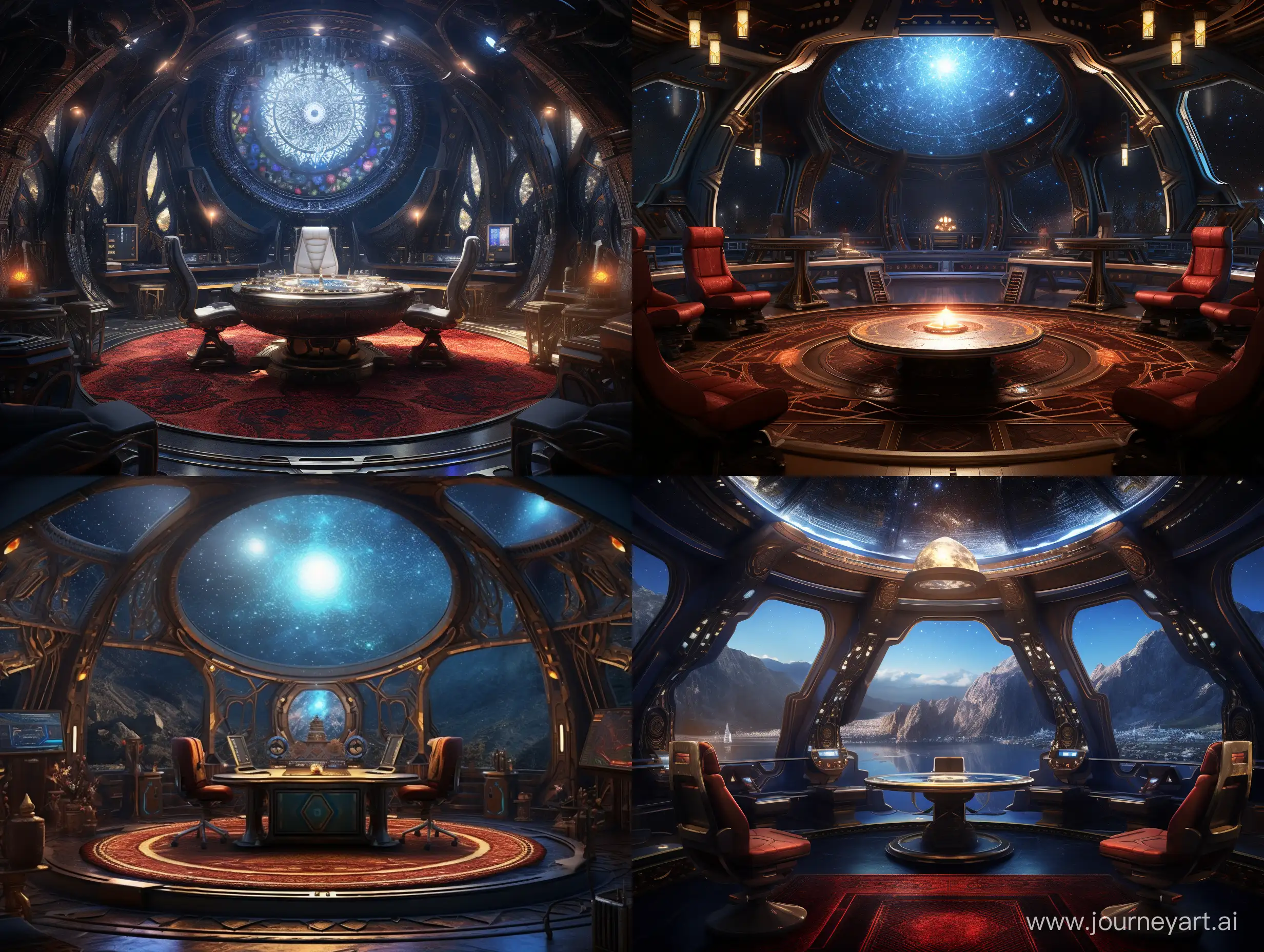 command room of a unique space battleship, traditional turkish style texture, elegant interior design, a traditional turkish carpet on the groud, v shaped construction, all machines use light instead of electricity, ship travels across stars, stars visible from windows, realistic, epic, hopeful