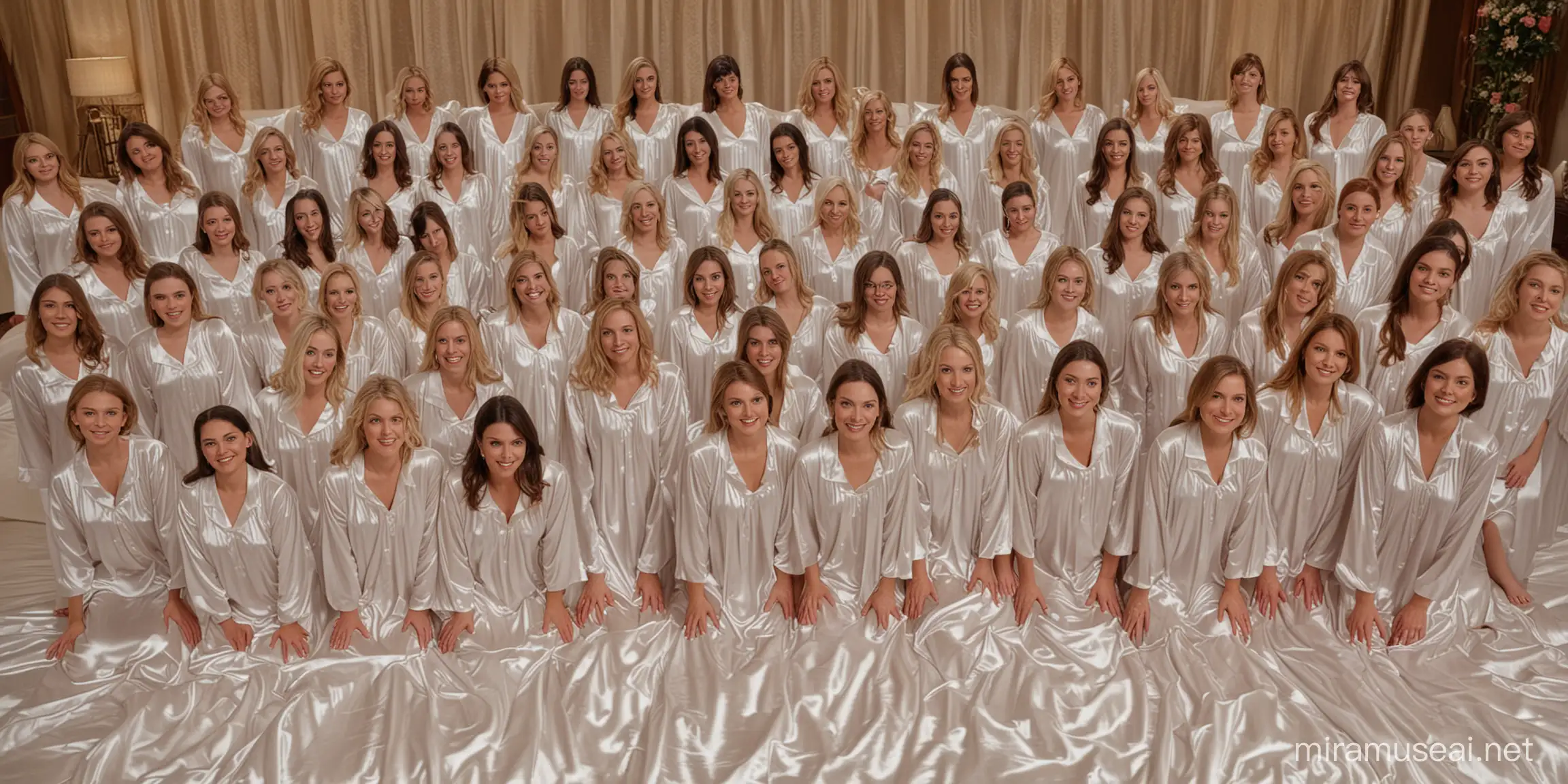 30 Women in Milky Satin Nightgowns on Giant Bed