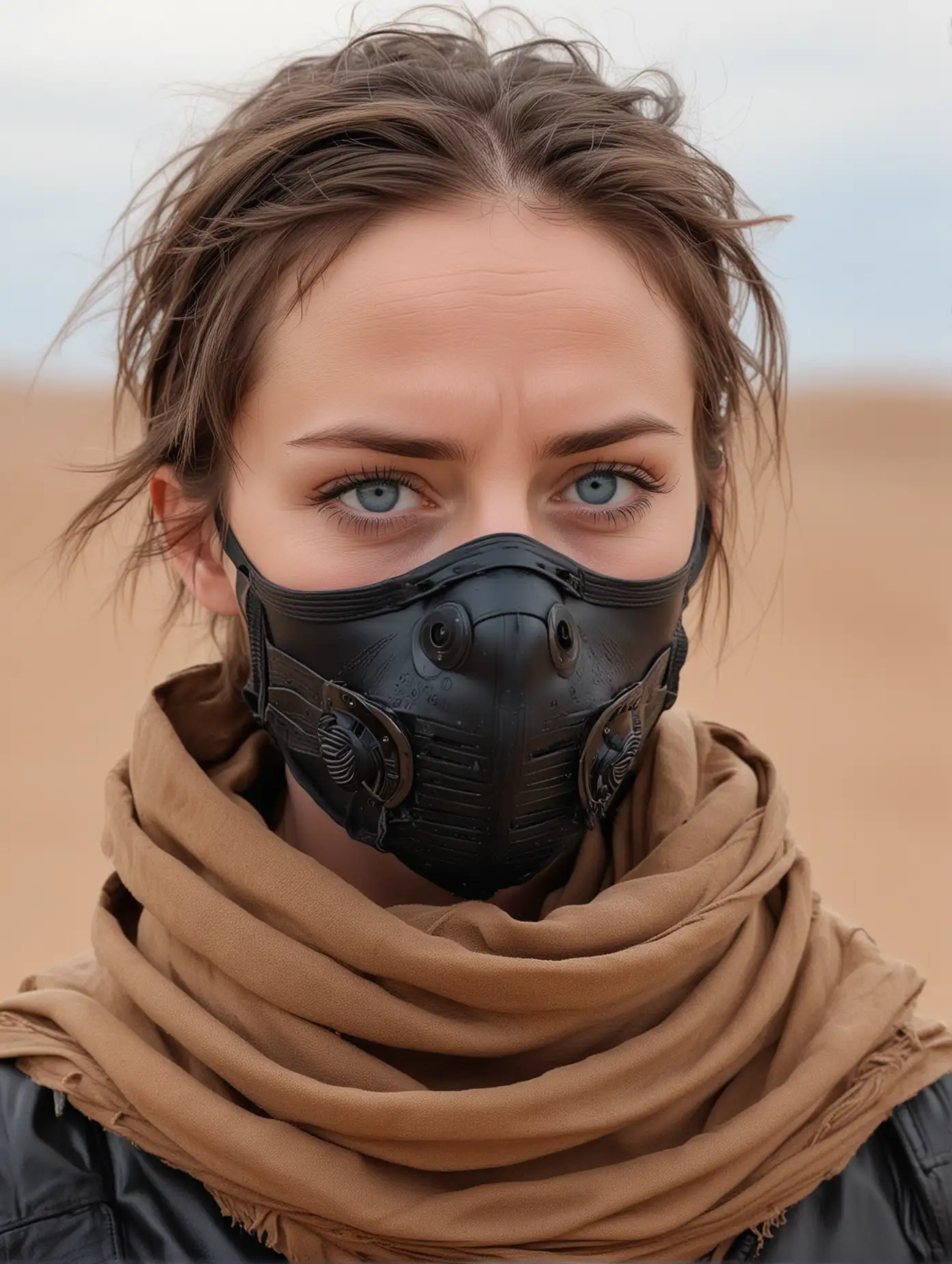  full portrait woman with weather-roughened skin, blue-on-blue eyes (blue sclera), heavy eyebrows. wearing brown leather and a black stillsuit breathing mask covers her lower face. A sand-colored dust scarf covers her hair. Desert background