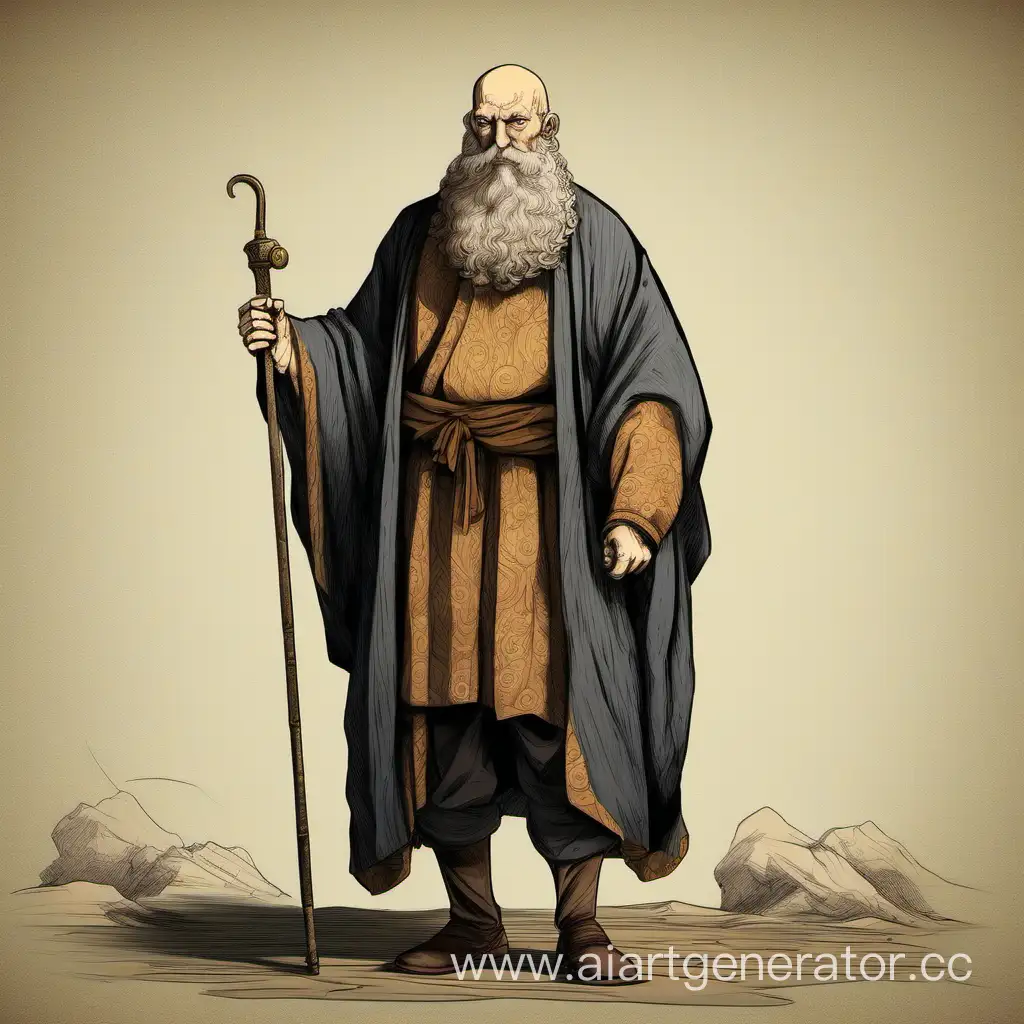 старый высоким мужчиной с внушительной фигурой. лысый него были густые кудри и бороду. одет в древнюю одежду 