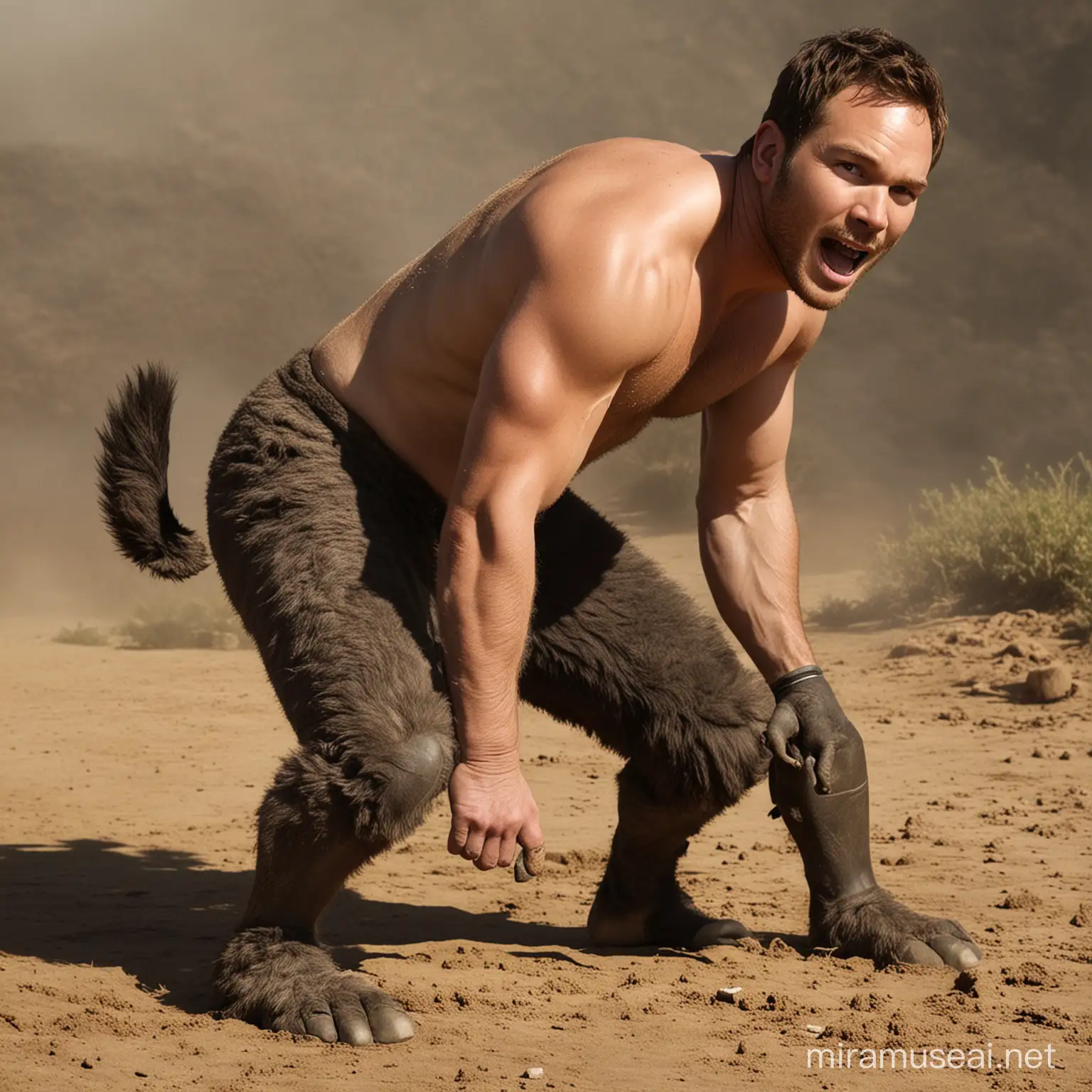 Chris Pratt on all fours transforming into a donkey. He has donkey ears. He has donkey legs. He has donkey hooves. He has a donkey tail. He has a complete donkey body and braying like a donkey. But his head is human.