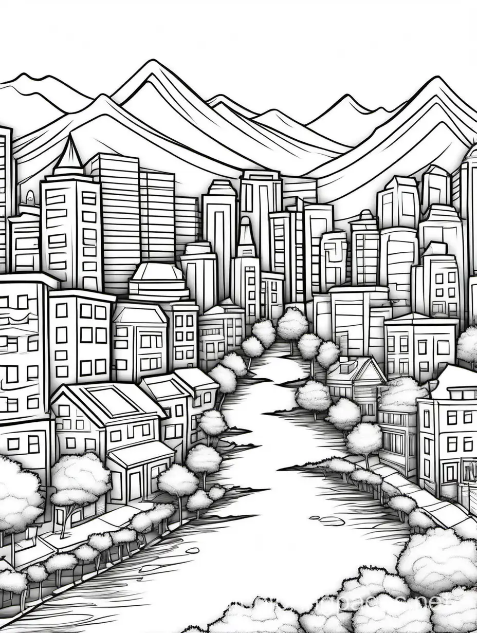 Bob Ross cityscape, Coloring Page, black and white, line art, white background, Simplicity, Ample White Space. The background of the coloring page is plain white to make it easy for young children to color within the lines. The outlines of all the subjects are easy to distinguish, making it simple for kids to color without too much difficulty