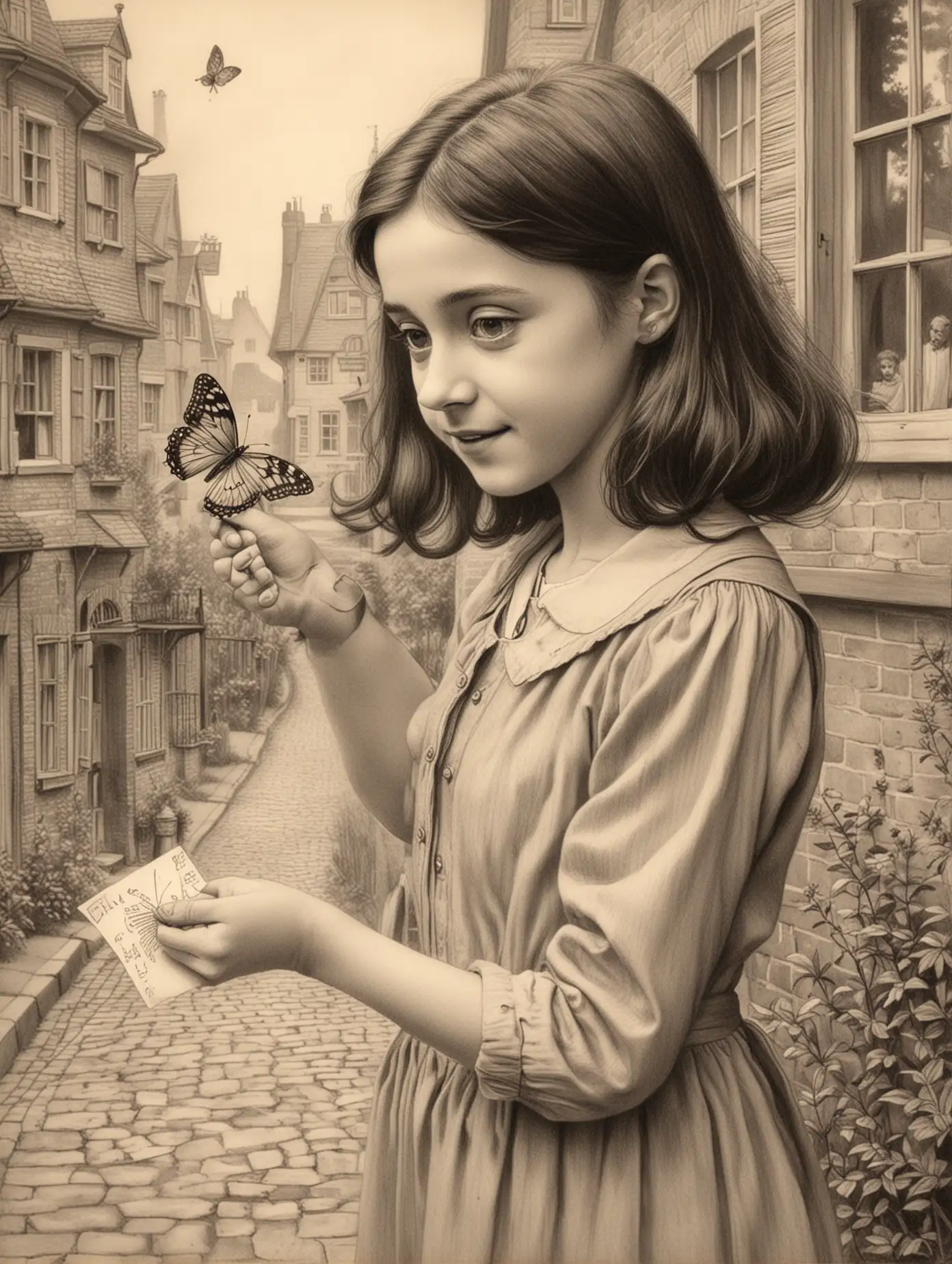 dibujo infantil de Ana Frank interactuando con una hermosa mariposa, con el fondo de su casa. Me encantaría que el dibujo transmitiera la inocencia y la curiosidad de Ana mientras disfruta de la naturaleza en su entorno familiar