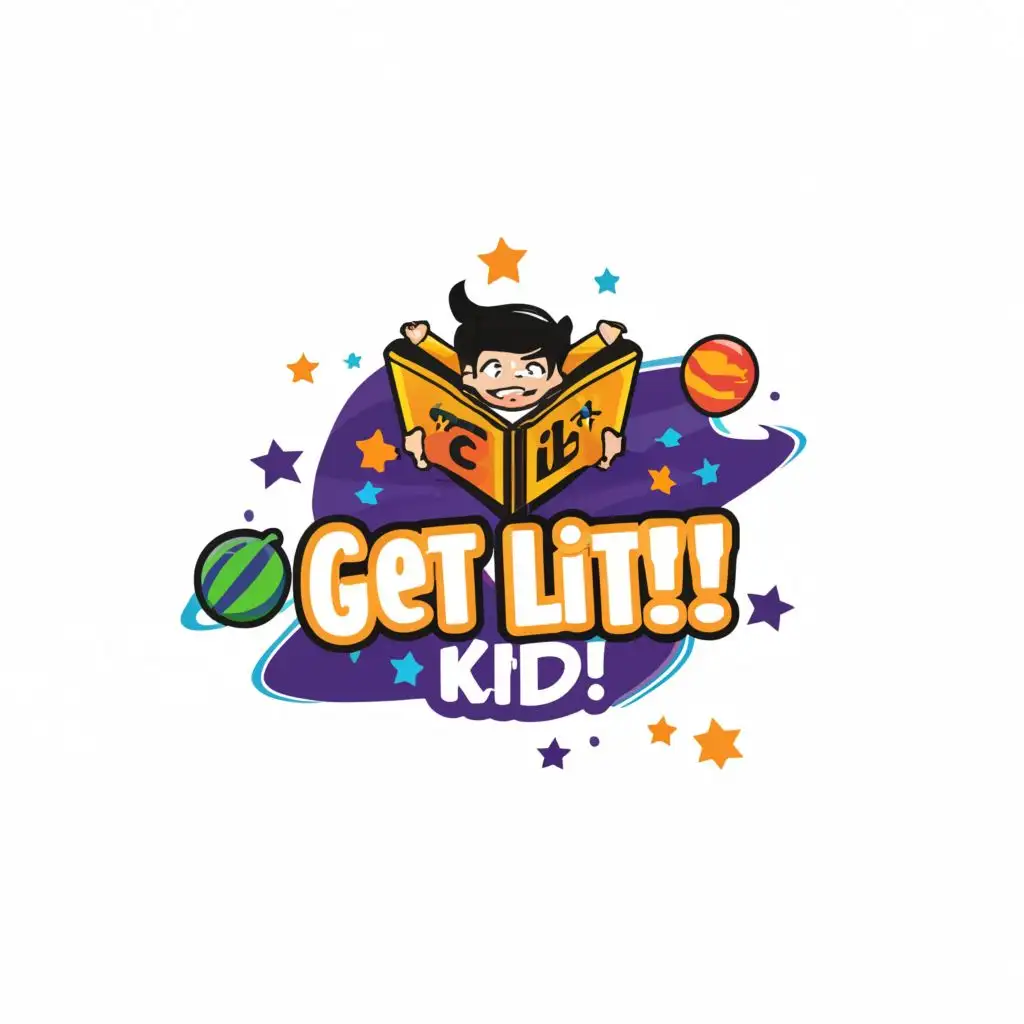 a logo design,with the text "Get Lit!!! Kid!!!!", main symbol:Literary book for kids in space,Moderate,be used in Education industry,clear background