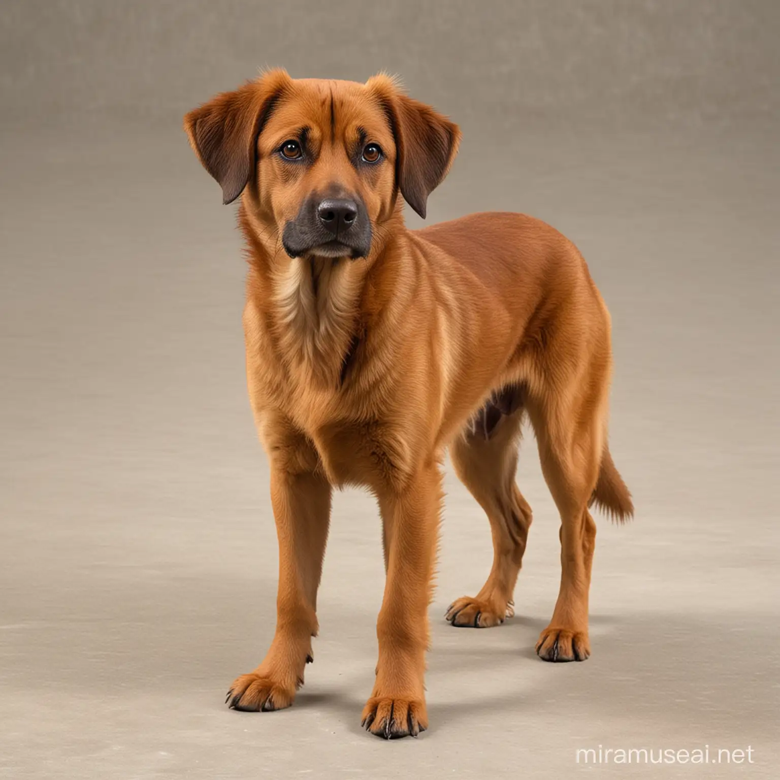 Light brown mixed with dark brown mutt with mangy fur standing on all fours straight on view