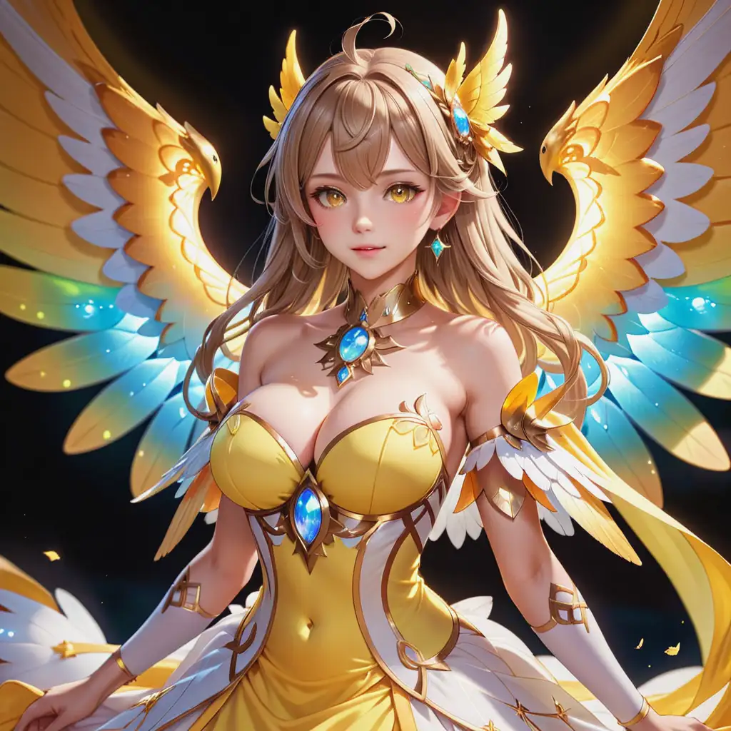 Beautiful detailed character of a yellow holy mahou shojo dress, extremely large bust, large wings glowing opal, iridescent, ultra detailed, granblue fantasy, character design ––no text, watermark, username, out of frame
