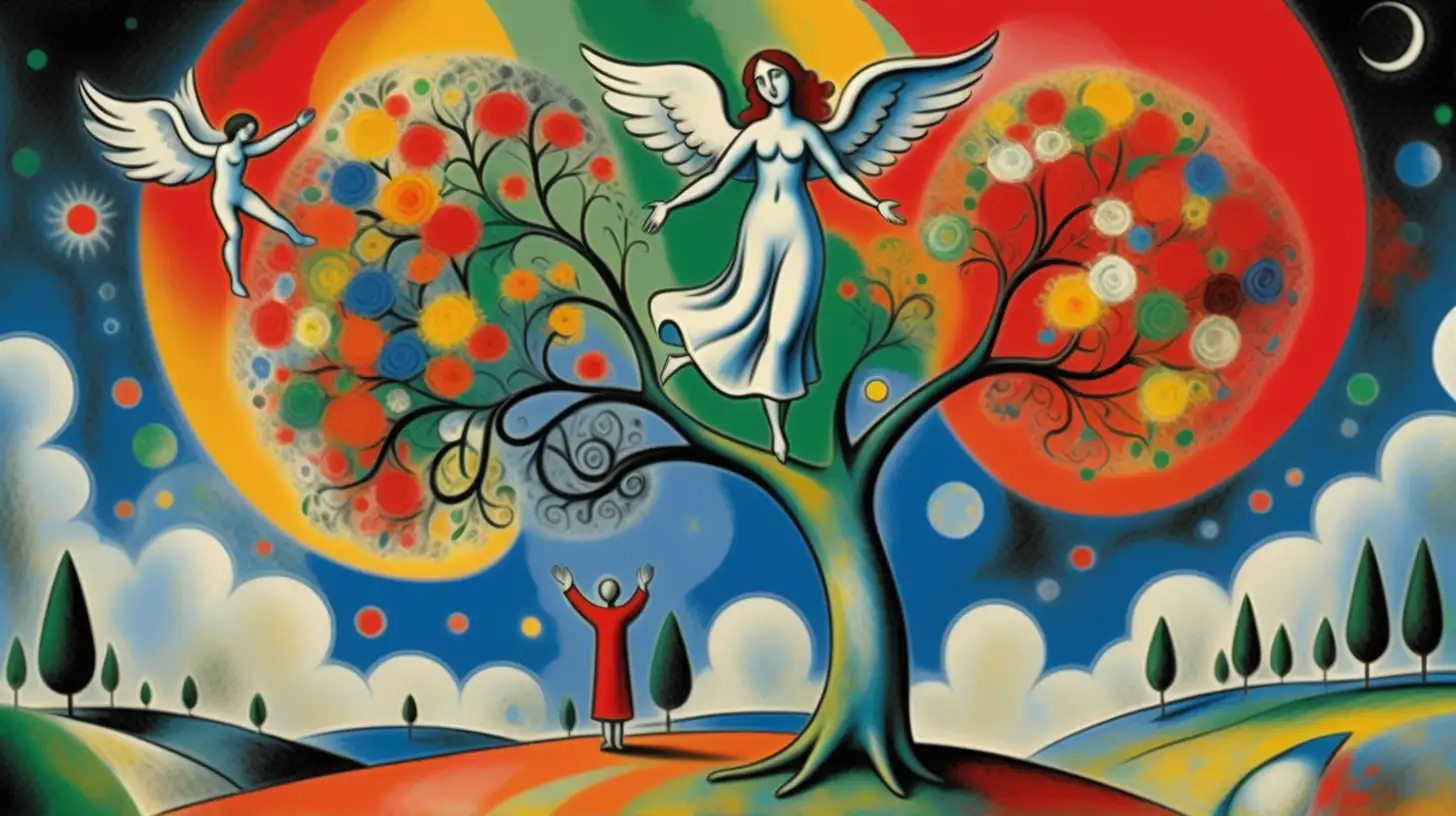 Vibrant Marc ChagallInspired Scene Angelic Embrace under Colorful Tree