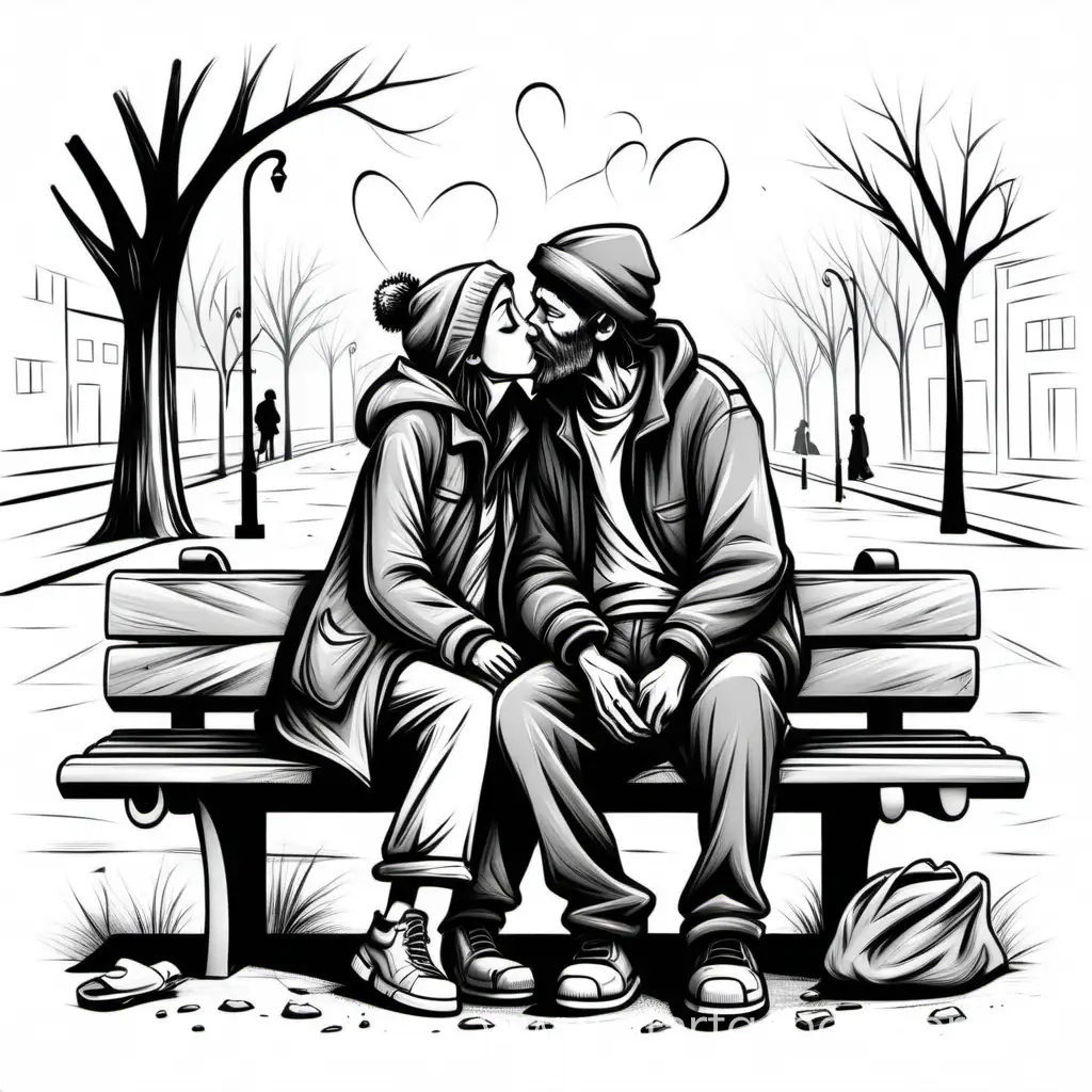 Affectionate-Moment-Homeless-Couple-Sharing-a-Tender-Kiss-in-a-Urban-Park