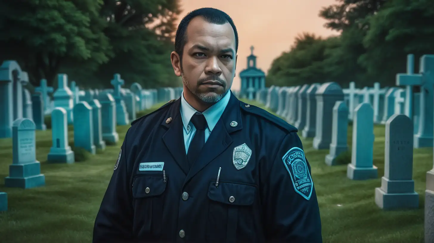 Cinematic Portrait of a 40YearOld Cemetery Security Guard with Artgerm Aesthetics