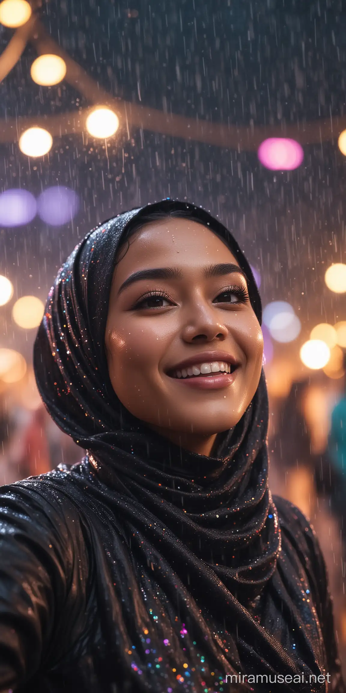 Joyful Hijab Woman Dancing in Rain at Outdoor Nightclub