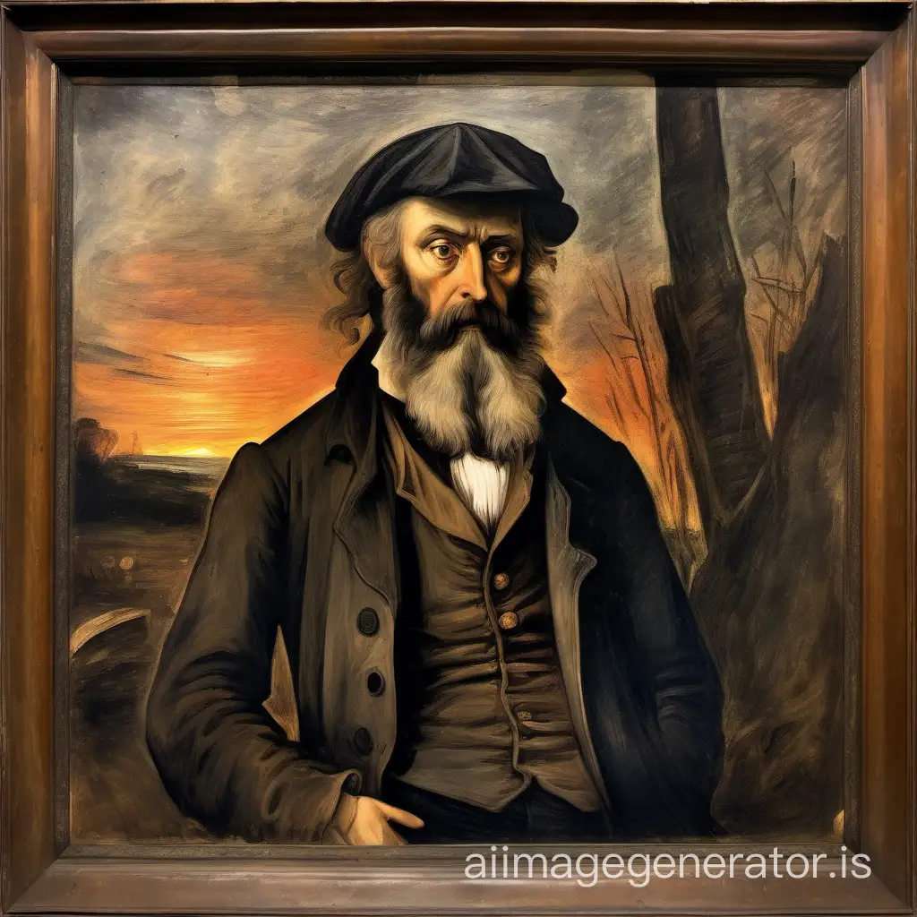early 19th century portrait of Jean Valjean in the style of Edward Munch sunset medium height, stocky and robust, in the prime of life leather visor cap old gray tattered blouse in hand a huge gnarled stick shaven head and long beard
