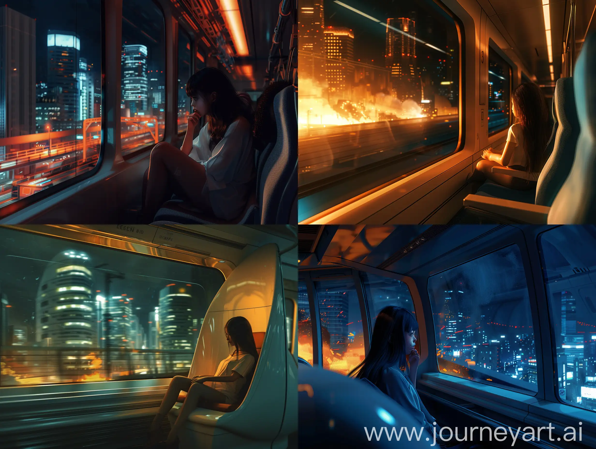 a girl, who is sitting a in a modern fast moving train(like shinkansen) at night, near the window, she is seeing burining city through the window, she feel sad, Extreme Detail CG Unity 8K wallpaper, masterpiece, highest quality, exquisite lighting and shadow, highly dramatic picture, cinematic lens effect, excellent detail, outstanding lighting, wide angle, (excellent rendering, enough to be proud of its kind