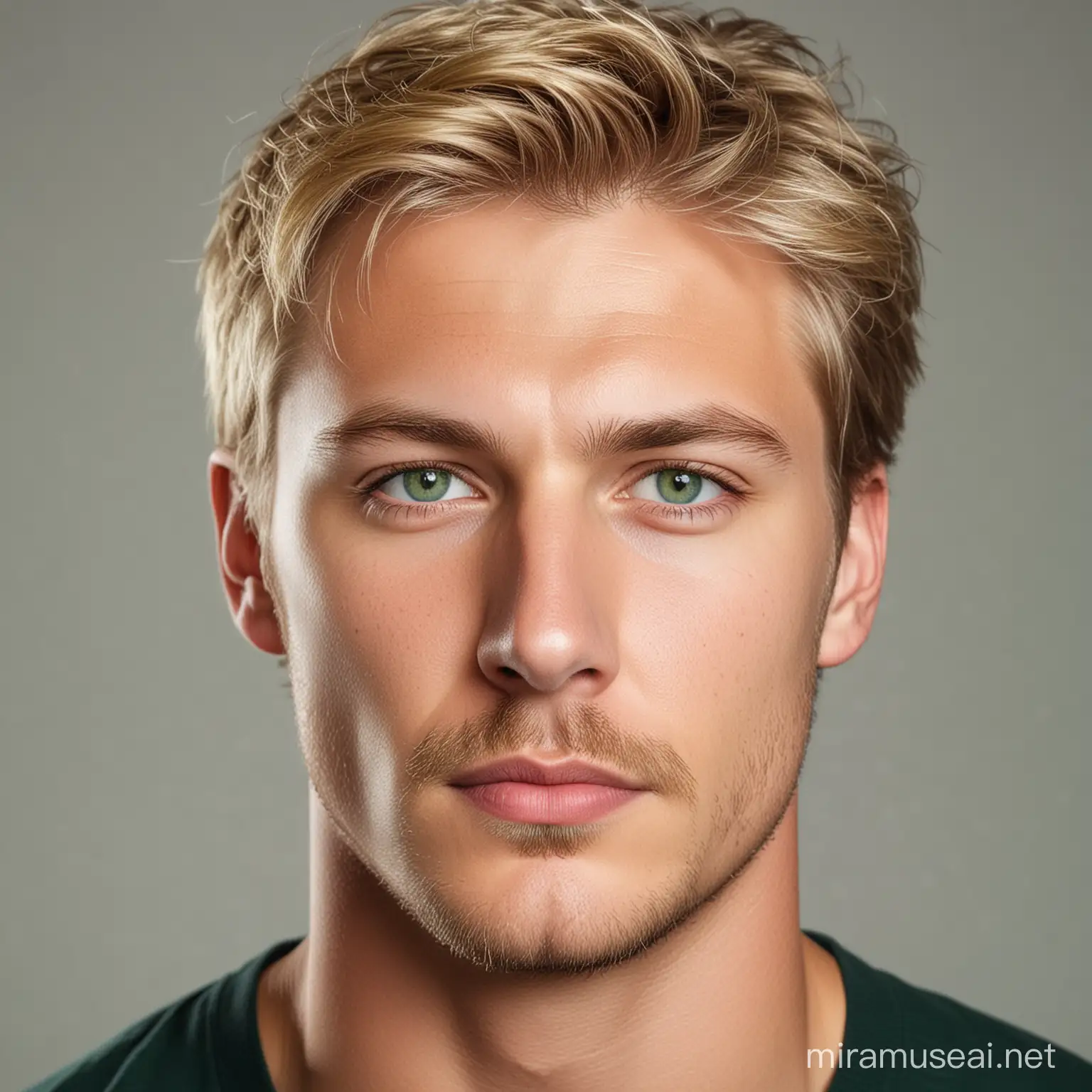 Scandinavian Male, blond hair, green eyes, short moustache, headshot