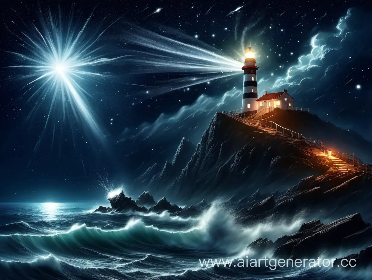 Starry-Night-Lighthouse-Illuminating-Mountain-Amidst-Sea-Storm