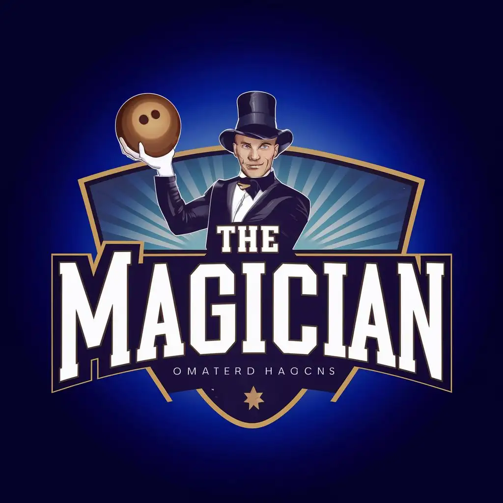 logo, Magician with bowling ball, with the text "The magician", typography