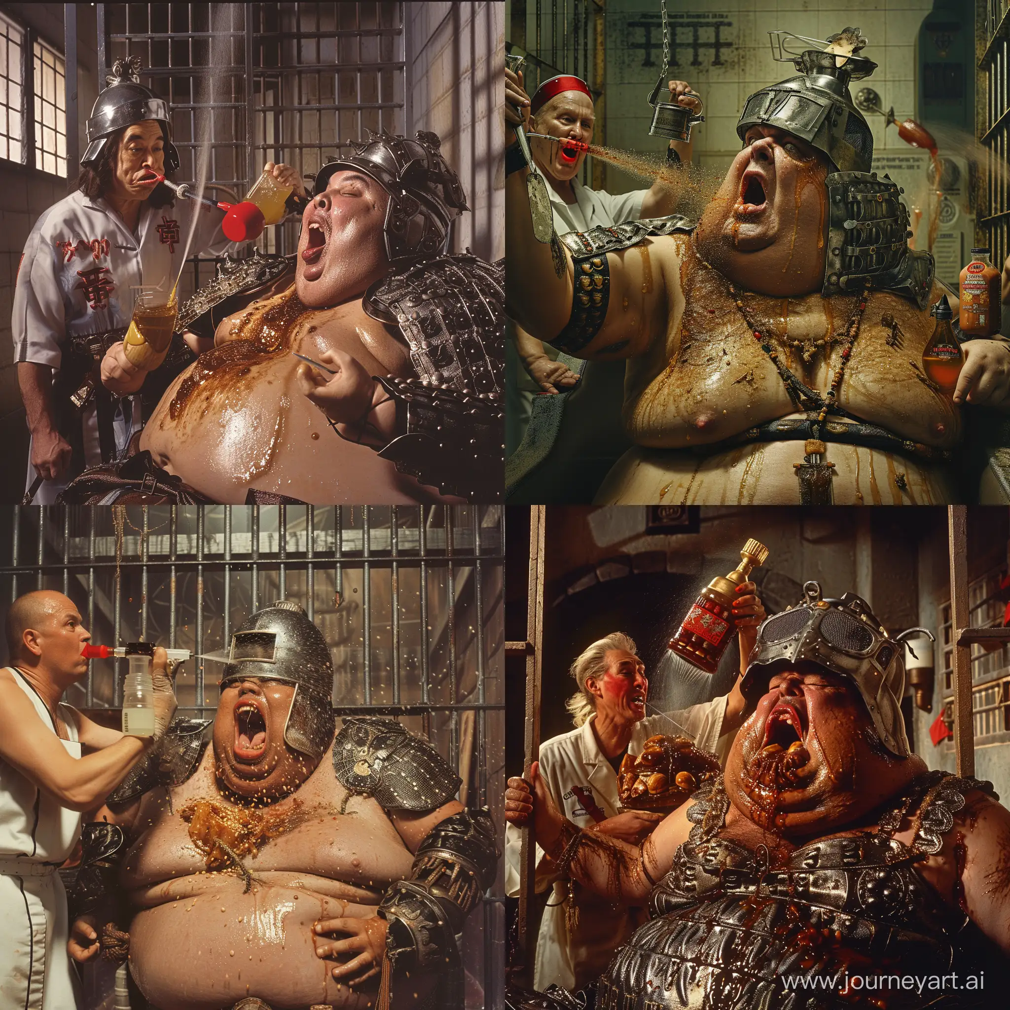 Morbidly obese Sam Bankman-Fried in a luxury prison cell. Medieval Chinese warrior in metal armor with visor helmet is spraying a variety of seed oils and sauces onto Sam and into his wide open mouth. Jim Cramer as a nurse in red lipstick in the background.