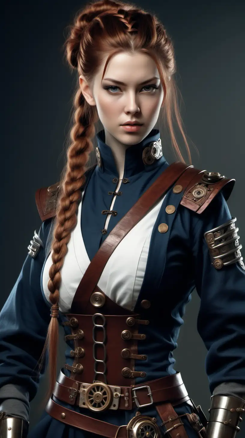 Photo Realistic Nordic Androgyn with Braided Chestnut Hair in Steampunk Samurai Attire