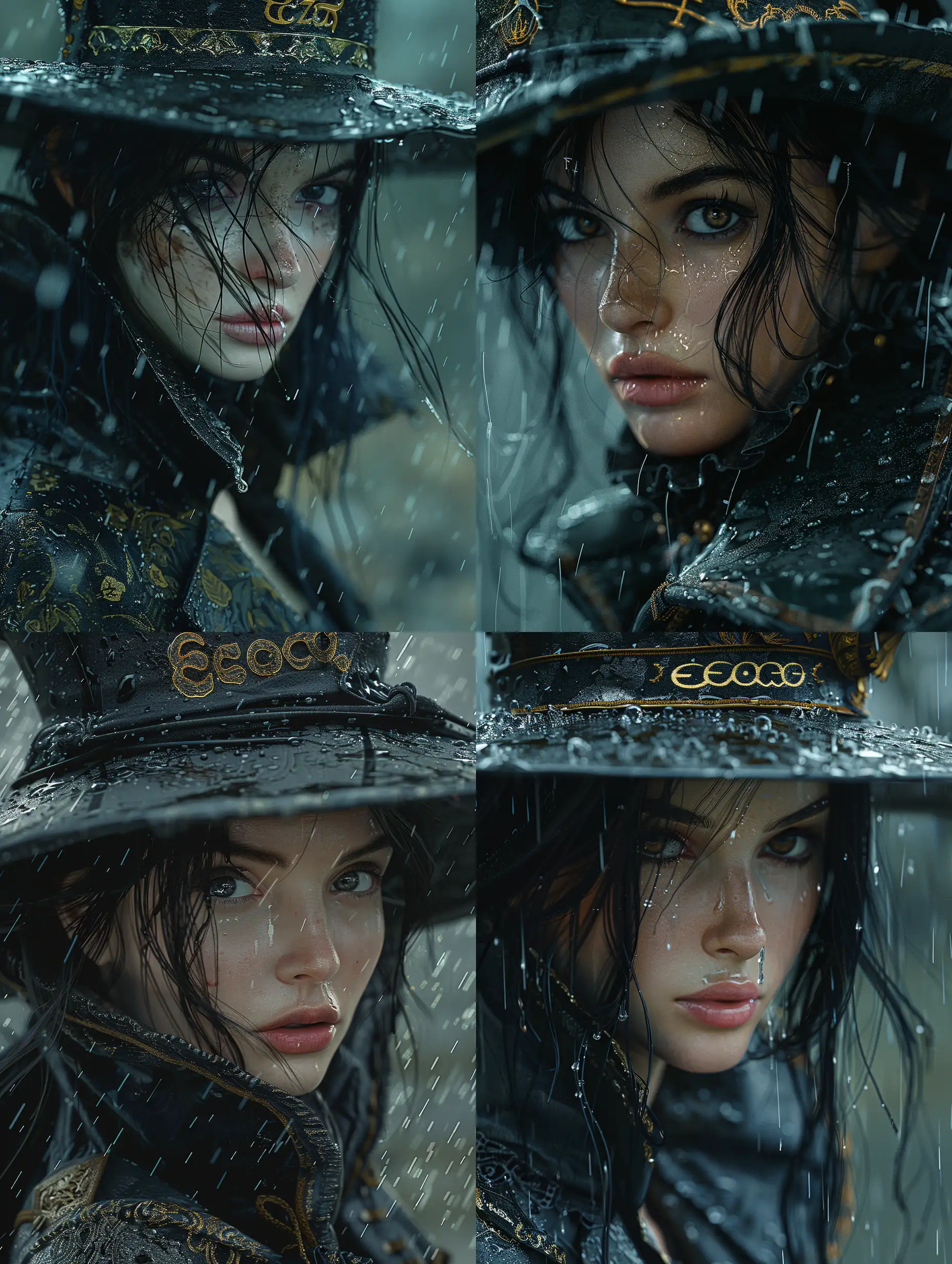 Brotherhood of the Wolf Movie, a woman with black hair, with a 17th century hat with the inscription "Echo" and a coachman's coat, turned-up collar up to the nose,only the eyes are still visible, standing in the rain,  photorealistic dark concept art, intricate and epic composition, great digital art with details, apocalyptic style, dark fantasy mixed with realism, , inspired by Dino Valls, dark but detailed digital art, bleak apocalyptic style, by Eugeniusz Zak, --stylize 700 --style raw --v 6
