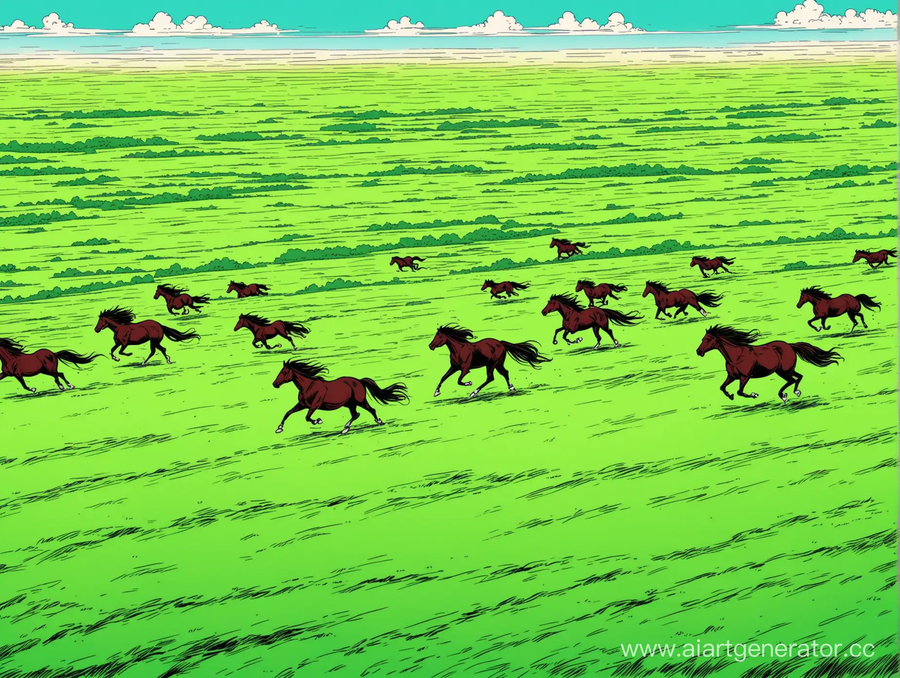 в казахских зеленых степях скакает тысяча лошадей без людей, в стиле комикс