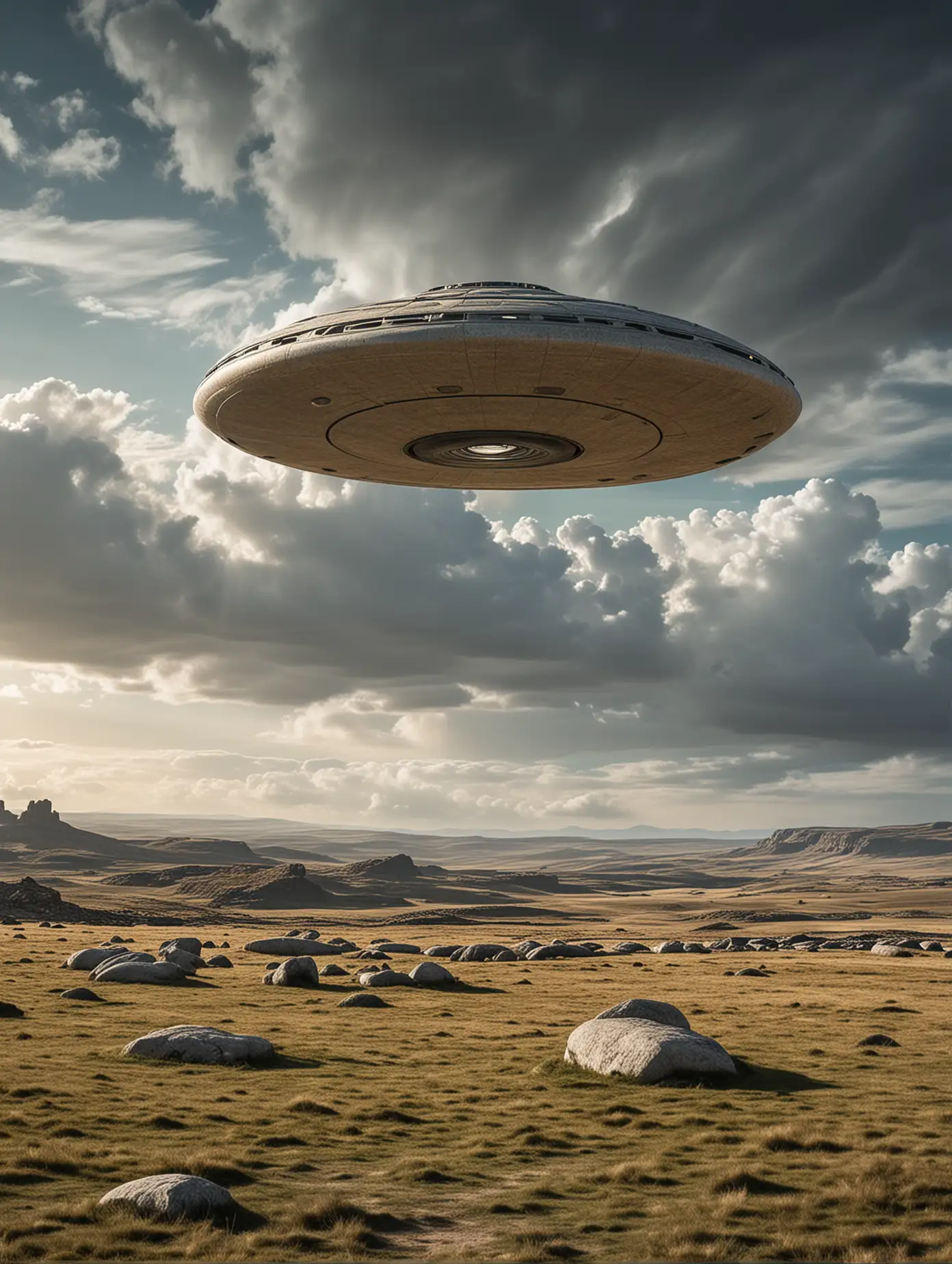 photo of a large flying-saucer spaceship, hovering over a Neolithic stone circle