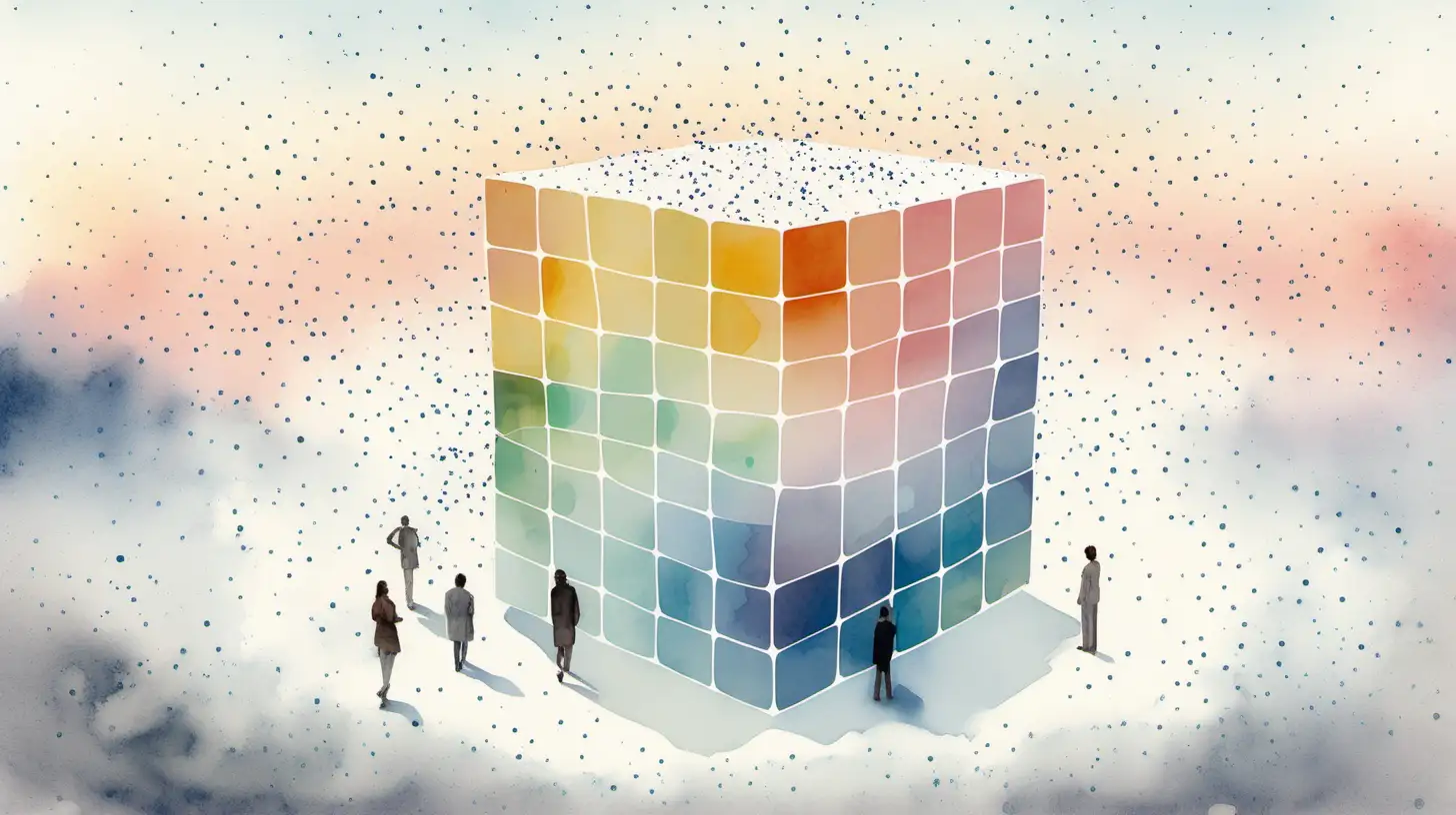 a water colour painting, gentle pastel colours, data dots connected moving together in the center of the image. A white sky background. People looking at the data. A cube forming in the middle of the image