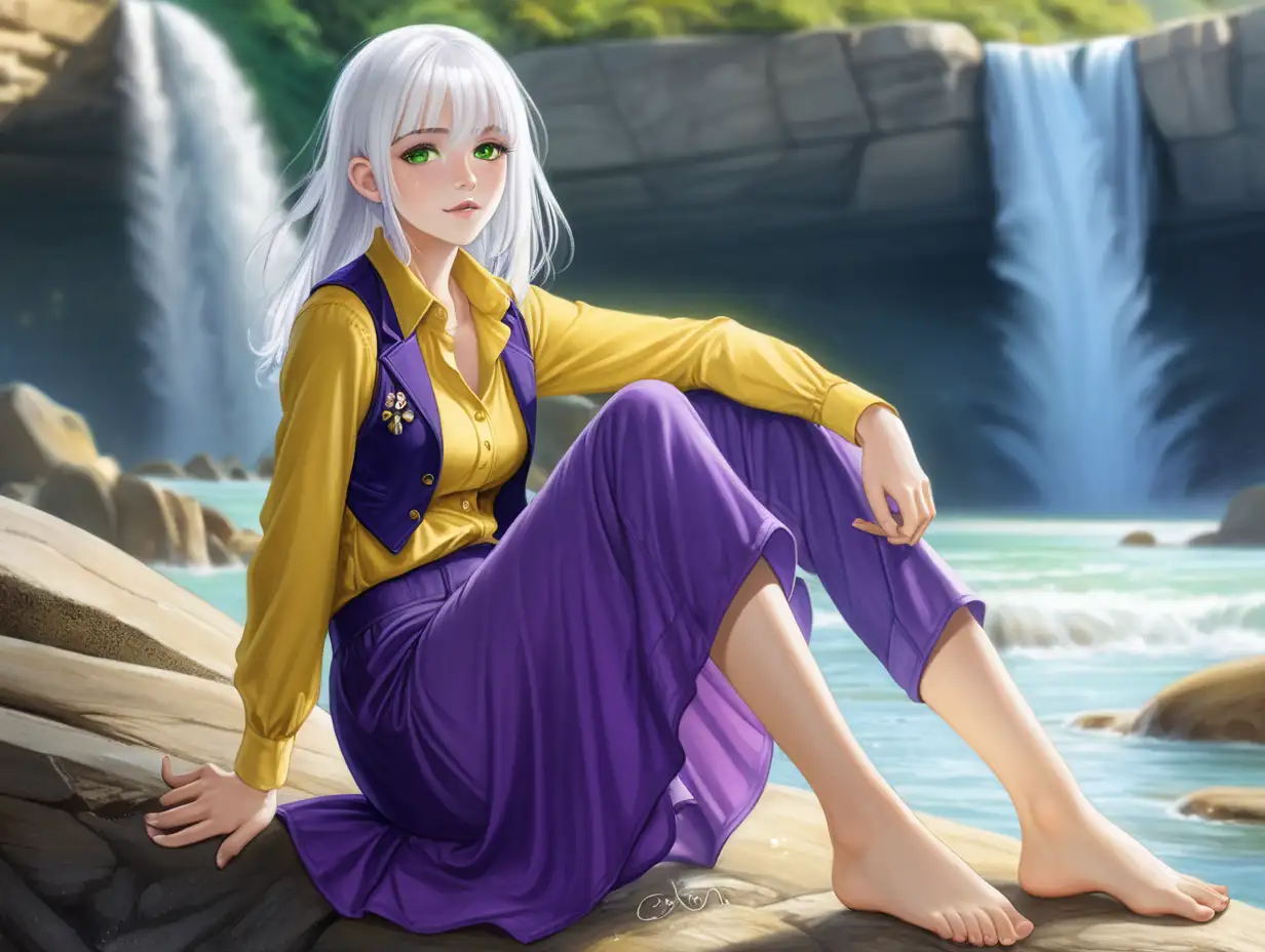 young adult woman, white skin, green eyes. shoulder length white hair,long sleeve formal yellow shirt, short purple skirt and vest, barefoot, wet, no extra limbs, open mouth,sitting on a rock by waterfall by the beach