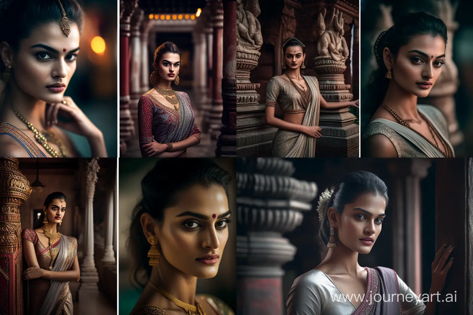 a beautiful , young and female supermodel in traditional luxurrious south indian attire with the background of temple cinematic shot + photos taken by hasselblad + incredibly detailed, sharpen, details + professional lighting, photography lighting + 50mm, 80mm, 100m + lightroom gallery + behance photographys + unsplash --q 2 --v 4 --ar 3:2