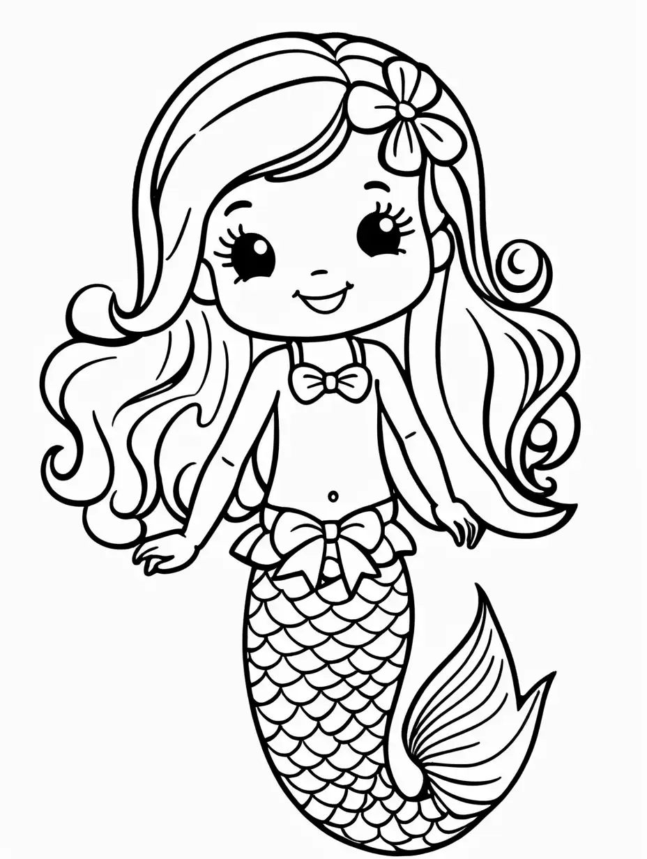 Very easy coloring page for 3 years old toddler. Smile mermaid with bow. Without shadows. Thick black outline, without colors and big  details. White background.
