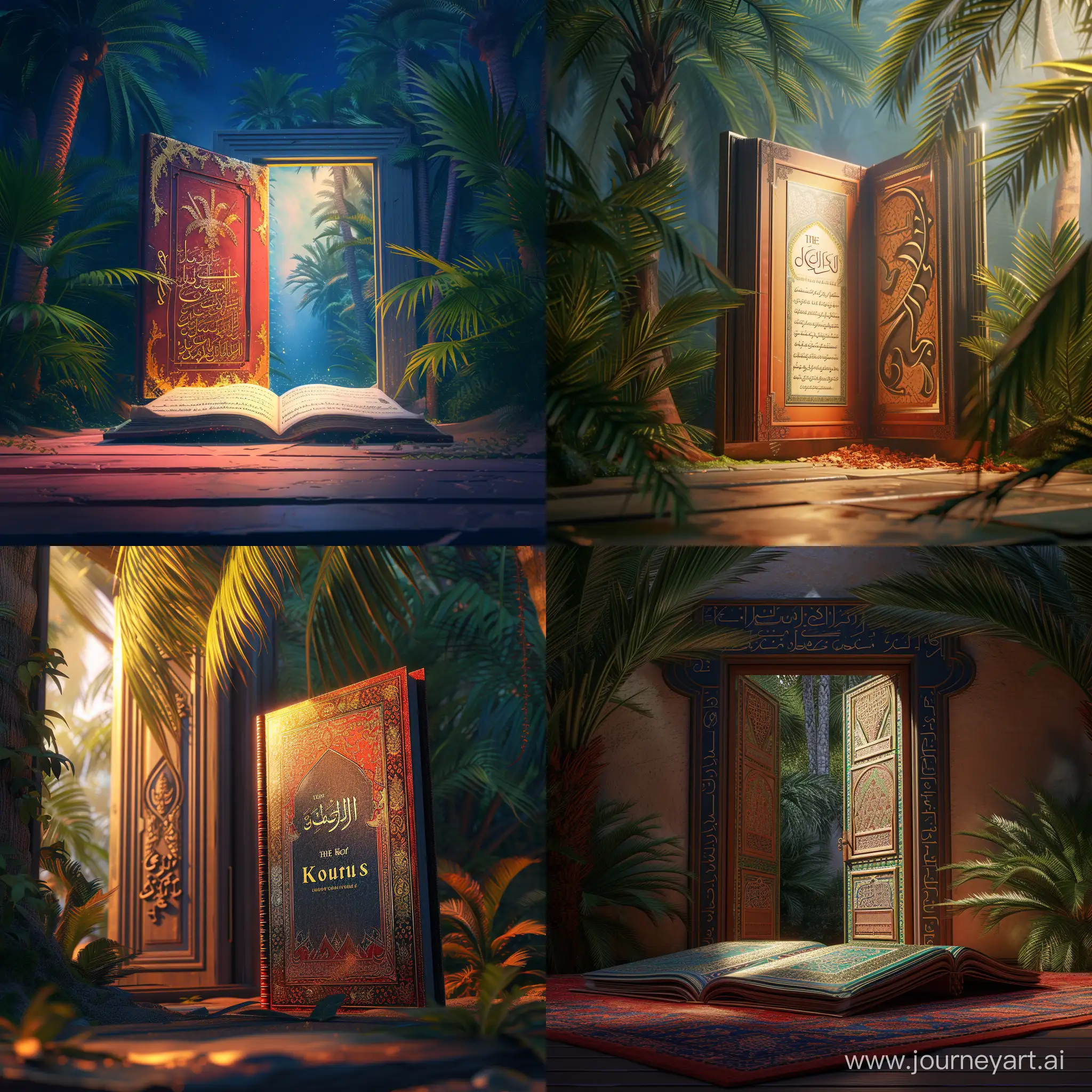 Enchanting-Koran-Storybook-Illustration-with-Photorealistic-Opening-Door-and-Vibrant-Palm-Trees