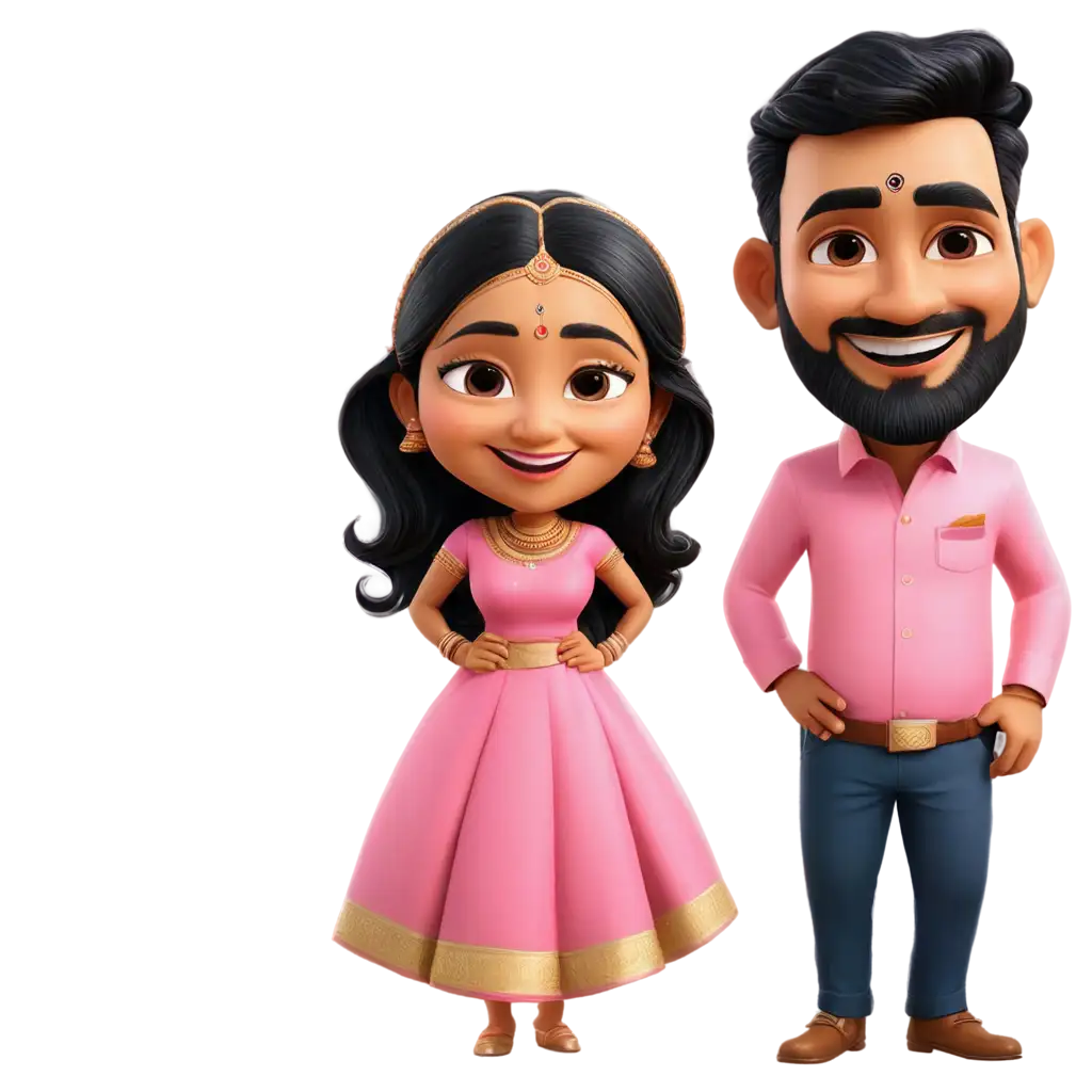 south indian wedding caricature in pinkish outfit of bride in saree and groom in lungi